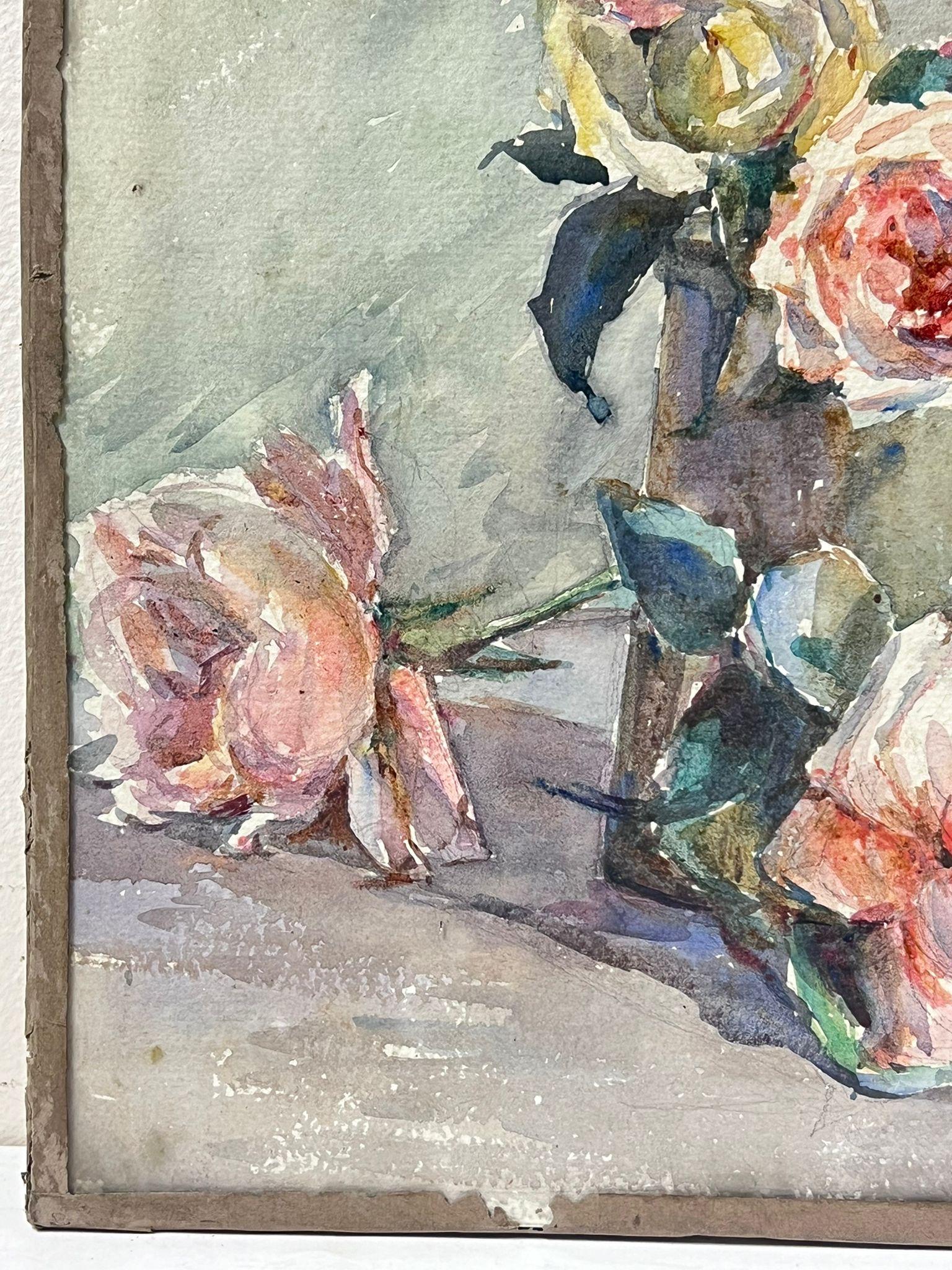 Vintage Pink Roses In Metal Cup Grey Interior 1930's French Impressionist  - Gray Still-Life Painting by Louise Alix