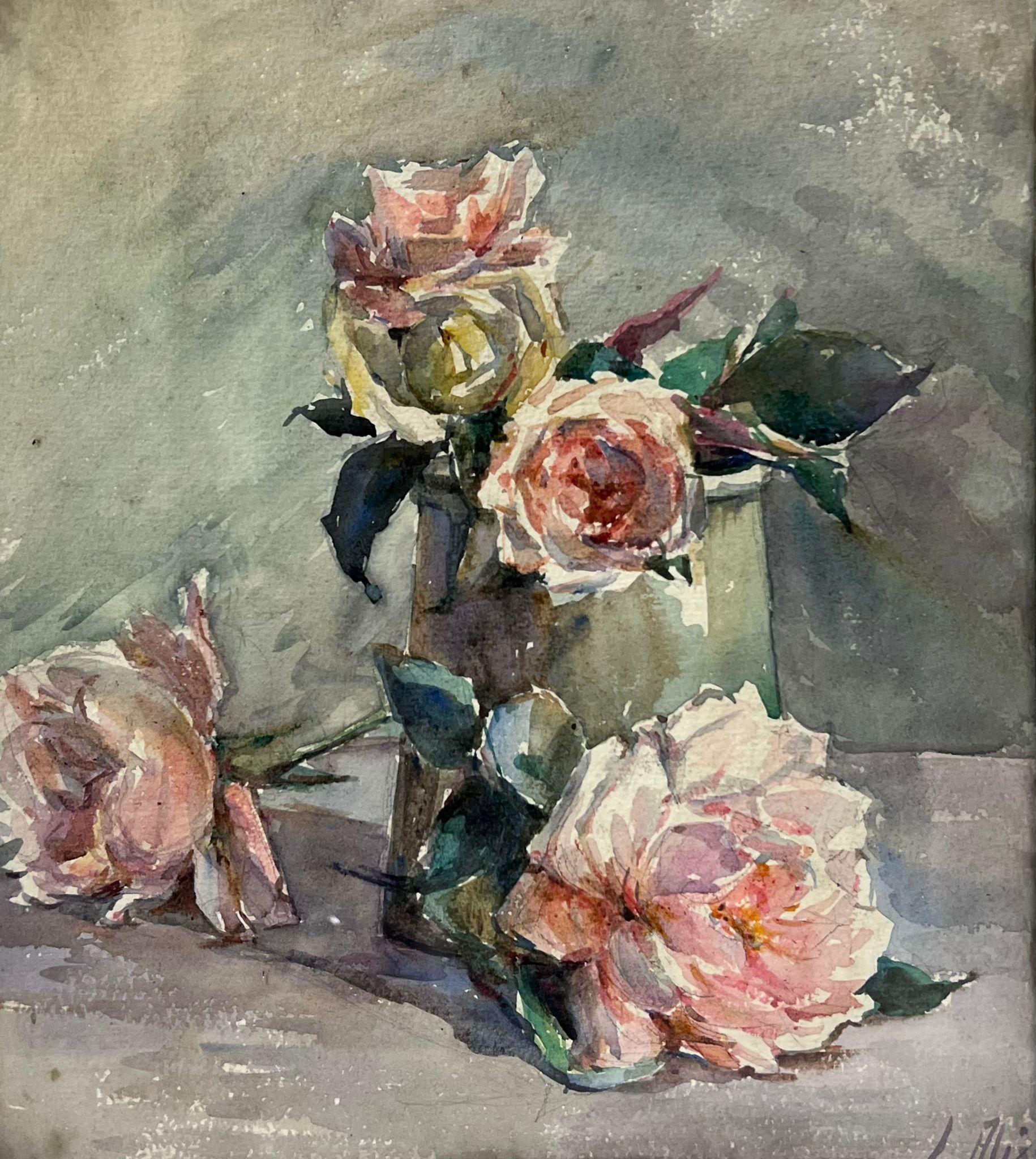 Louise Alix Interior Painting - Vintage Pink Roses In Metal Cup Grey Interior 1930's French Impressionist 
