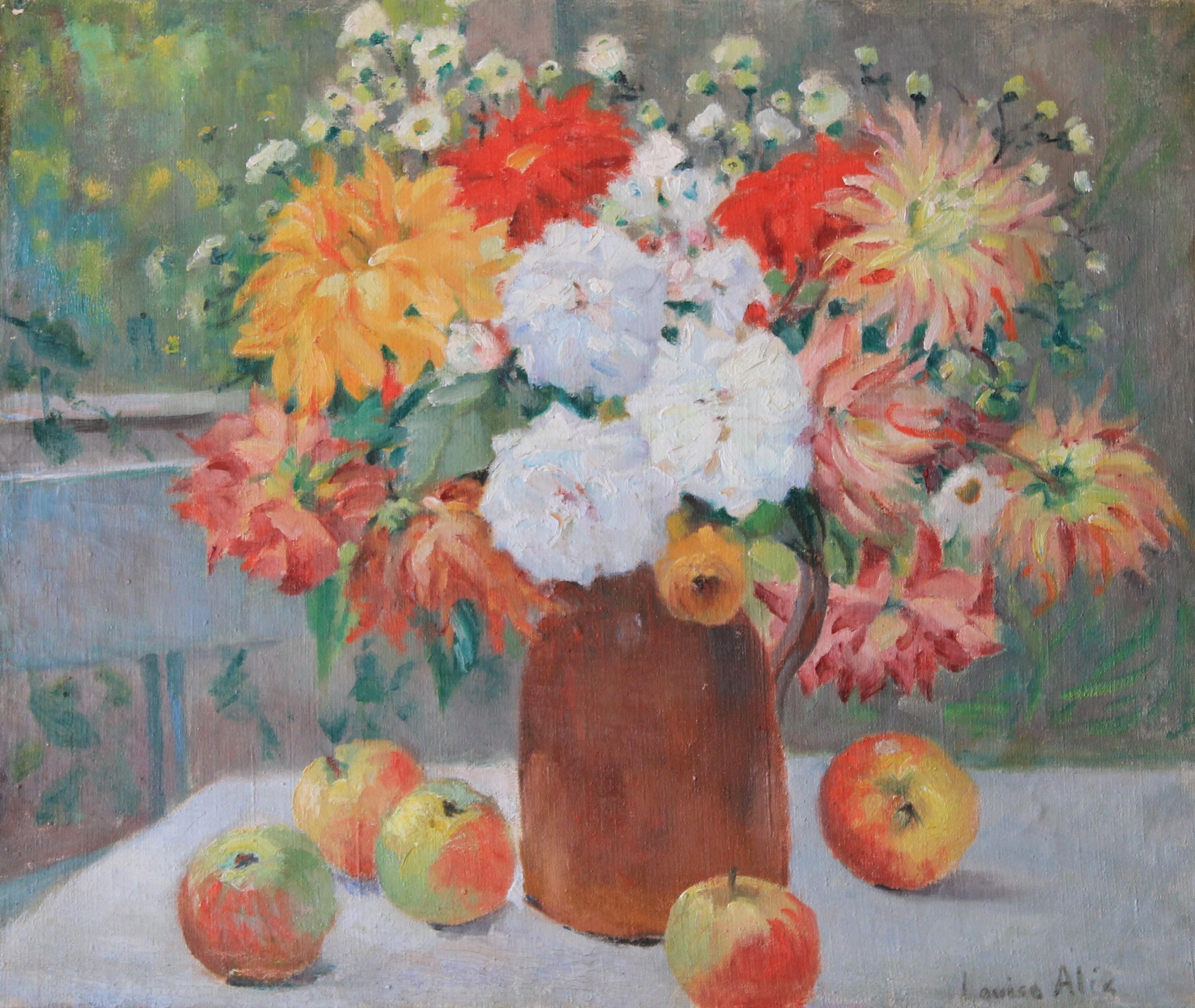 Natura morta originale della metà del secolo scorso dell'artista francese Louise Alix (1888-1980), firmata in basso a destra.  Una natura morta competente con abbondanza di colori elevati applicati a pennello da un'artista francese affermata e