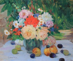 Vintage still life oil painting of flowers and fruit by Louise Alix