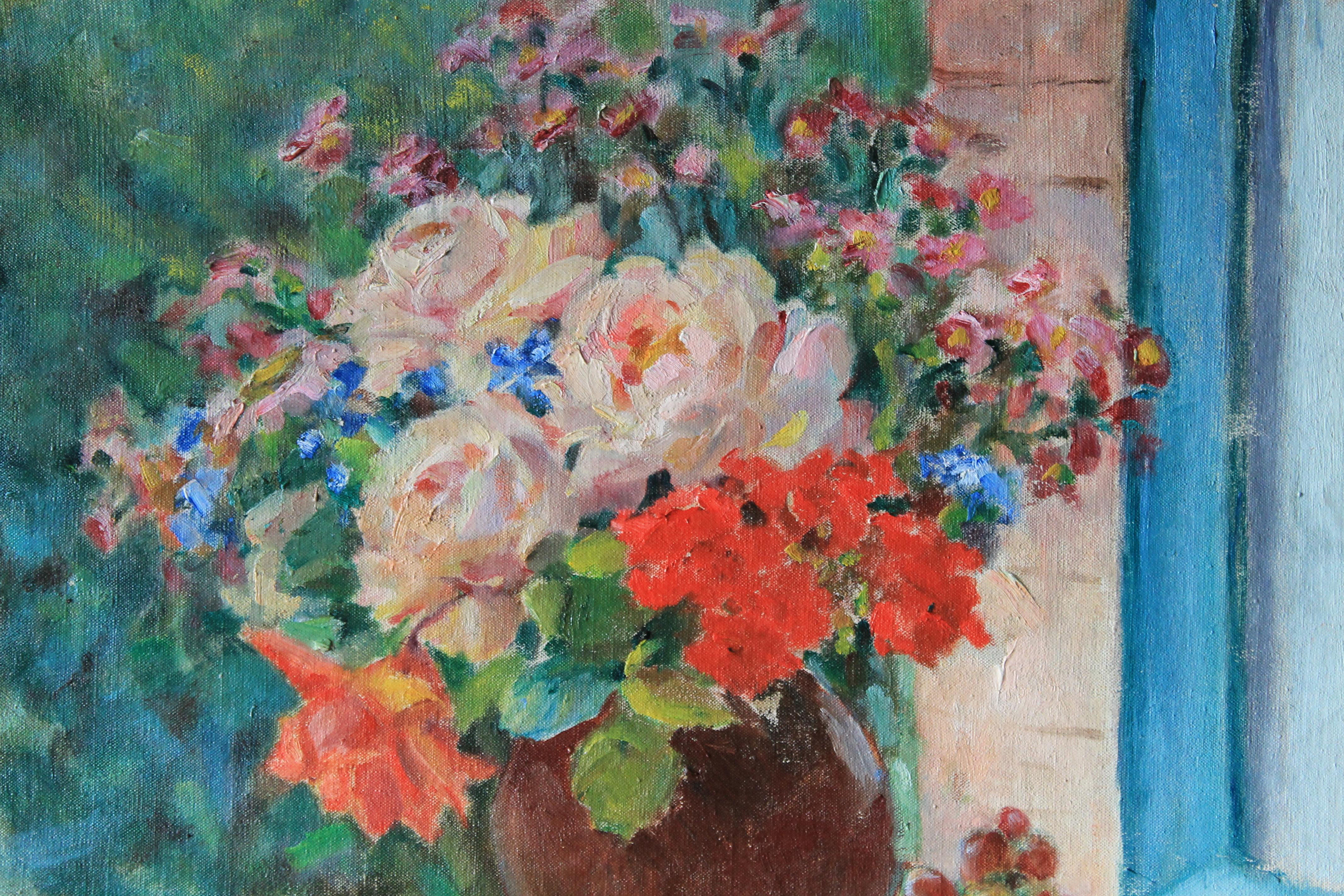 Bodegón vintage al óleo de rosas y frutas de Louise Alix 2