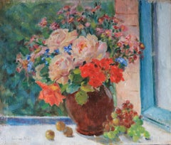 Vintage still life oil painting of roses and fruit by Louise Alix