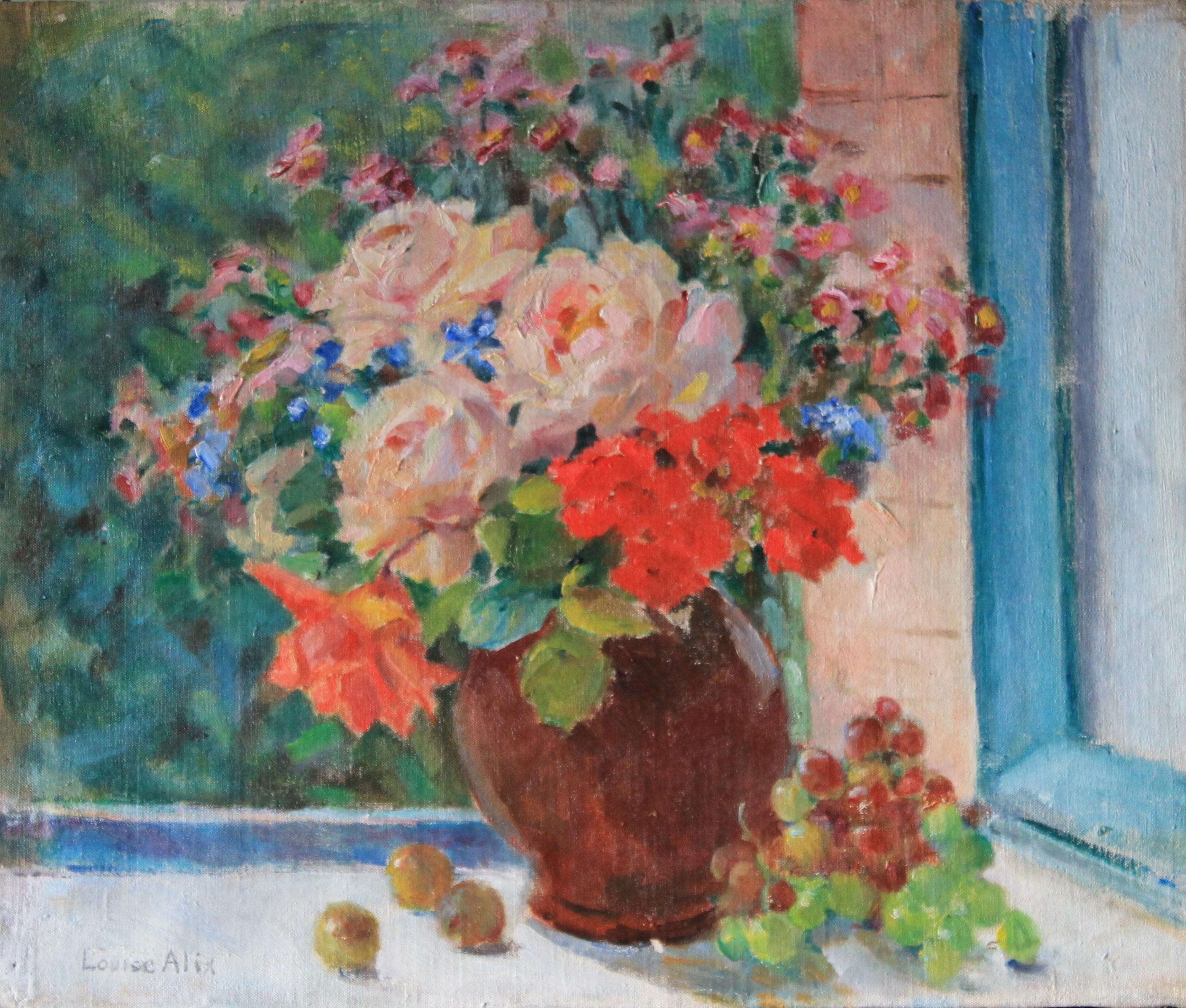 Bodegón al óleo original de mediados de siglo de la artista francesa Louise Alix (1888-1980), firmado en la esquina inferior izquierda.  Un competente bodegón con mucho color elevado aplicado con pincel, obra de una consumada y aclamada artista