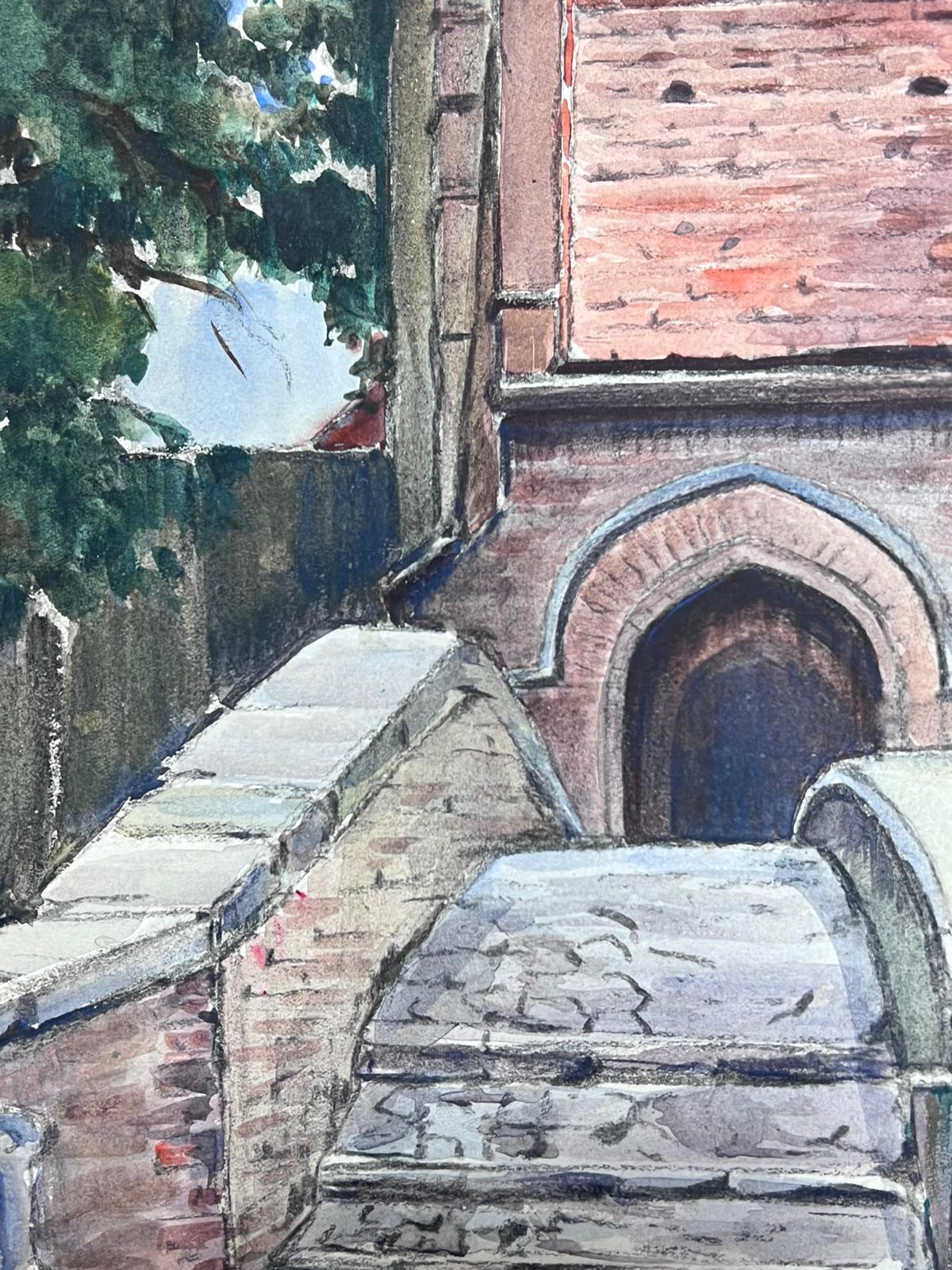 Watercolour French Impressionist Stone Bridge Over To The Church - Painting by Louise Alix