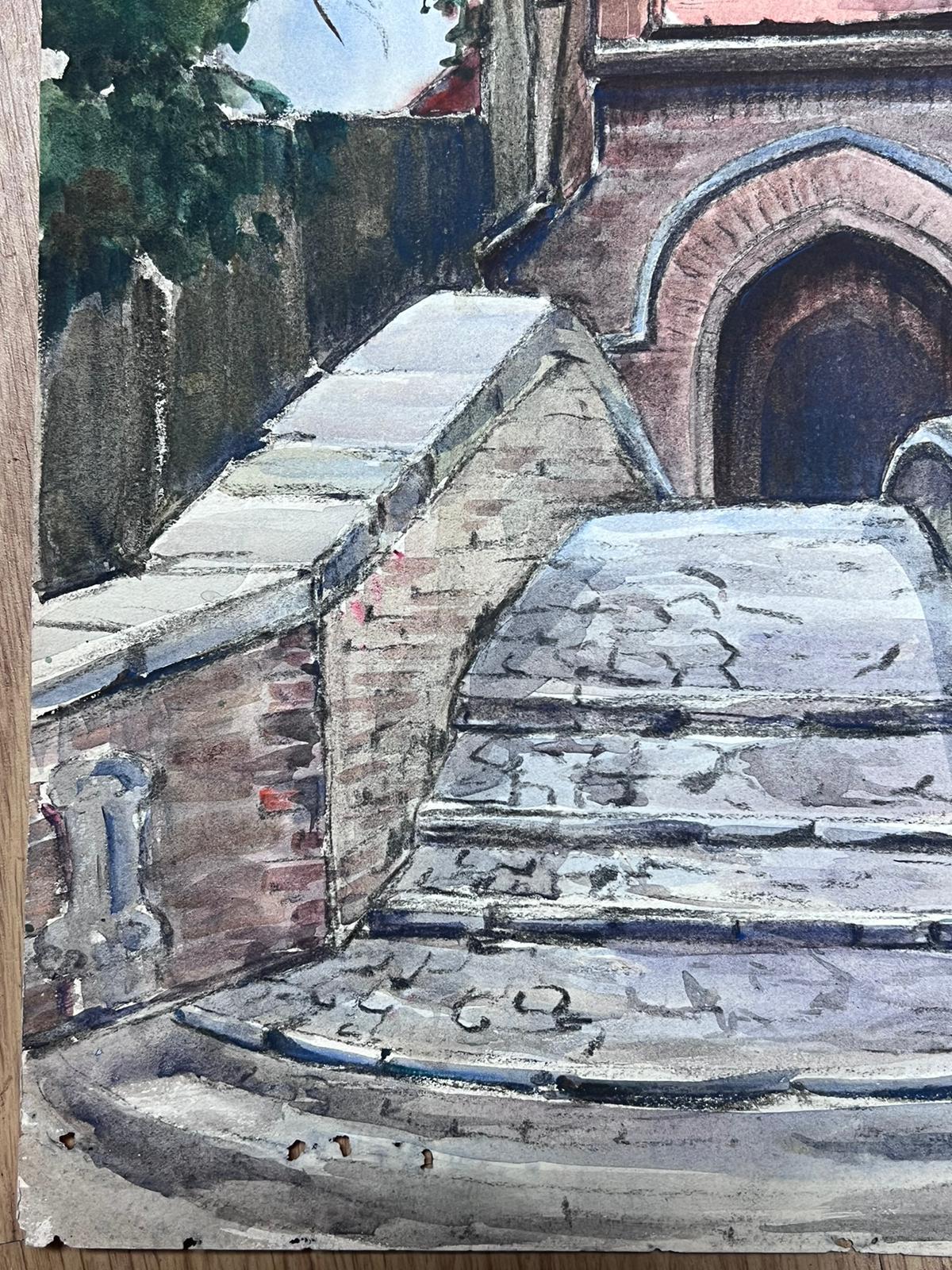 Watercolour French Impressionist Stone Bridge Over To The Church - Gray Landscape Painting by Louise Alix