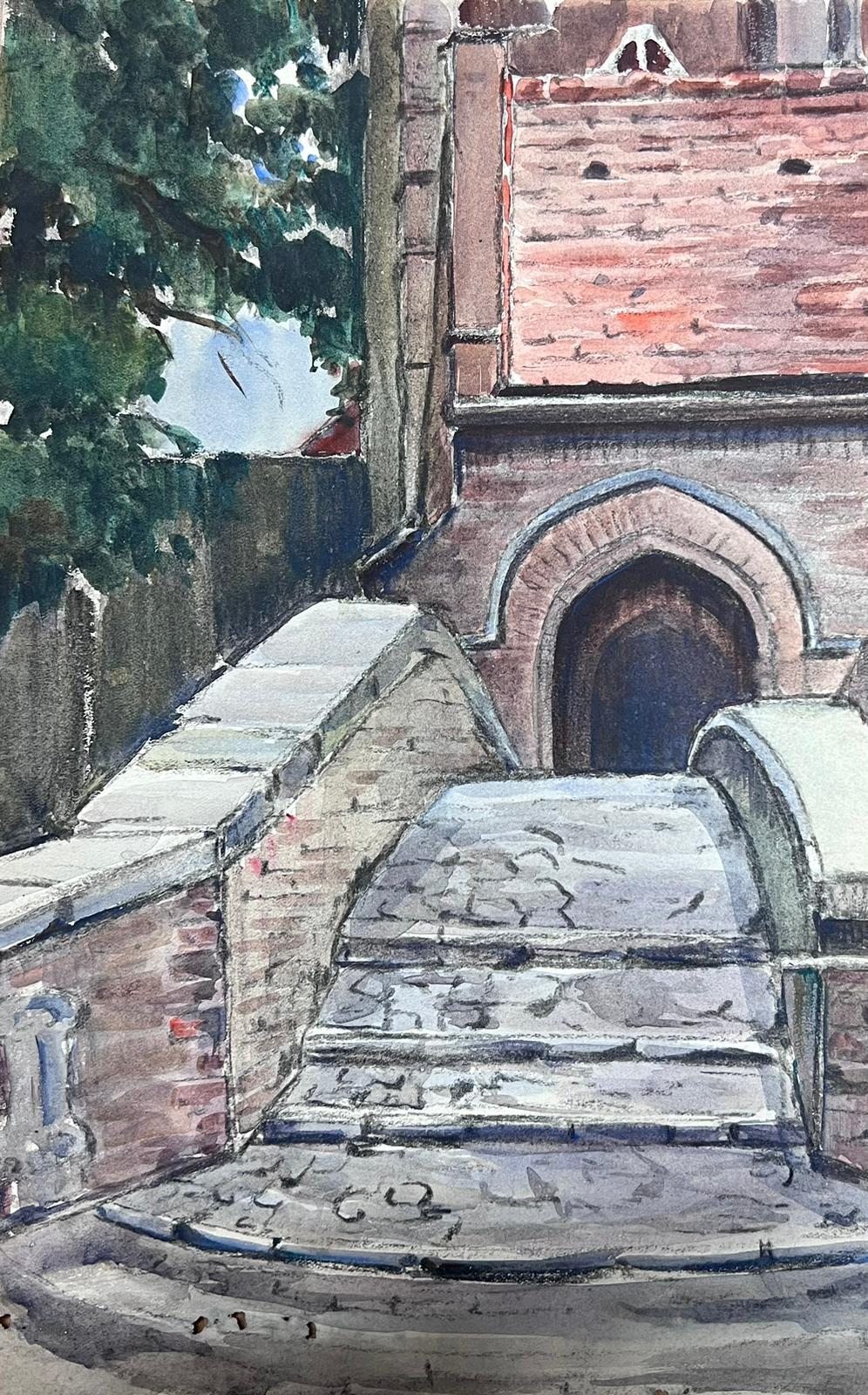 Landscape Painting Louise Alix - Aquarelle impressionniste française, pont en pierre donnant sur l'église