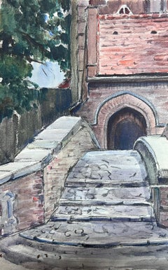Vintage Watercolour French Impressionist Stone Bridge Over To The Church