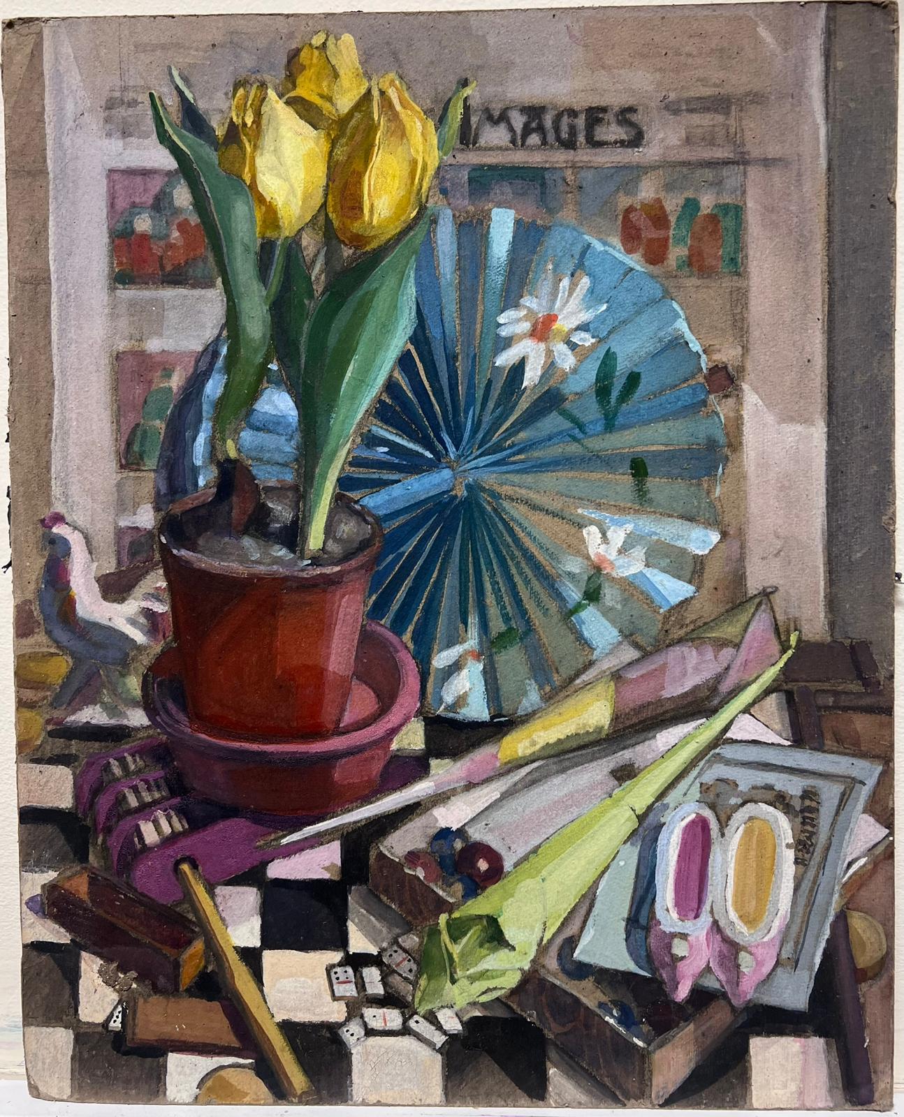Yellow Tulips in Pot Oriental Fan Still Life 1950's French Impressionist Oil  - Painting by Louise Alix
