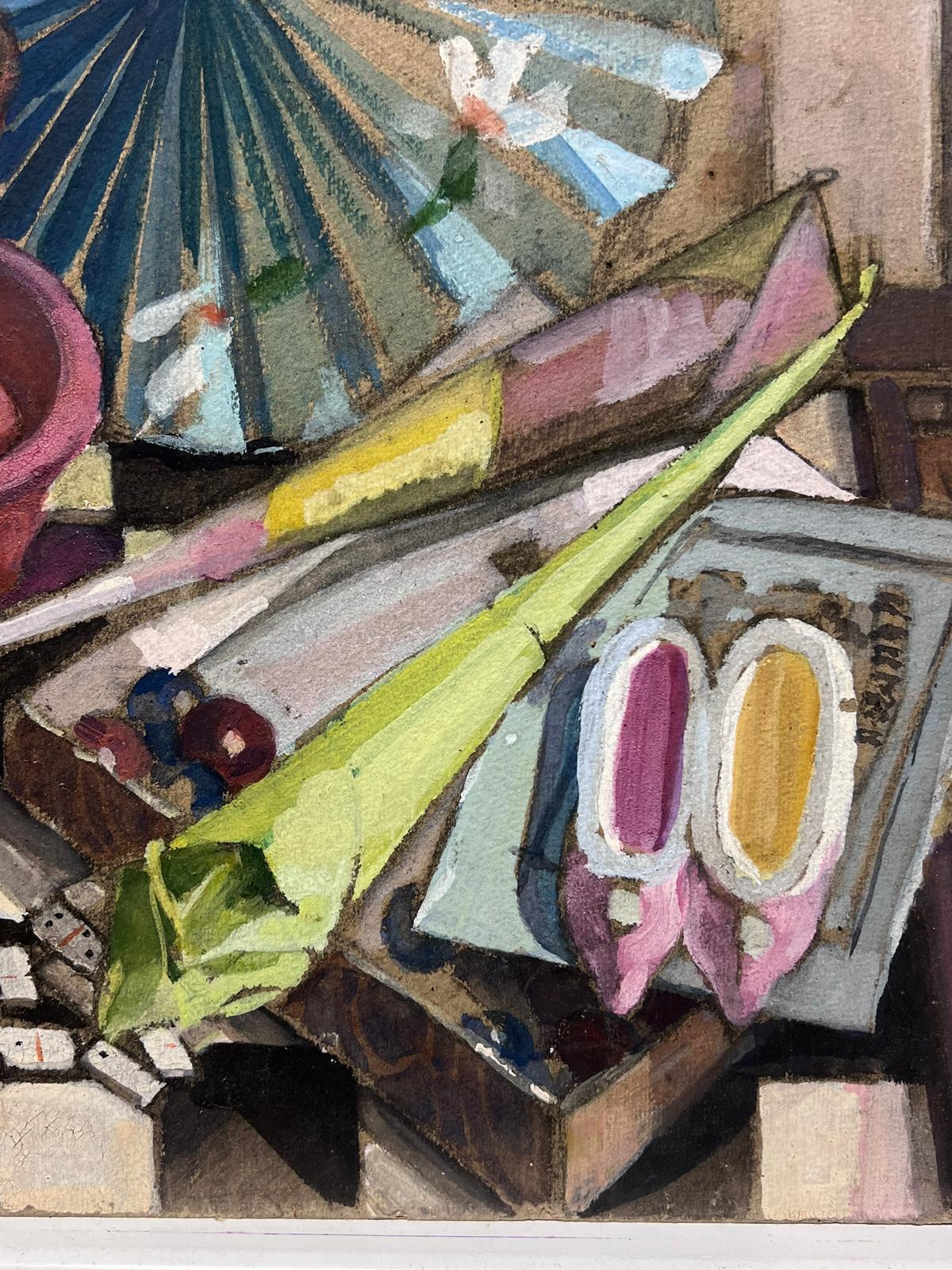Gelbe Tulpen im Topf Orientalischer Fächer Stillleben 1950er Jahre Französisch Impressionist Öl  (Impressionismus), Painting, von Louise Alix