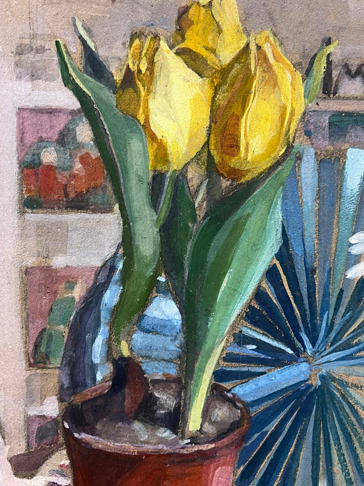 Yellow Tulips in Pot Oriental Fan Still Life 1950's French Impressionist Oil  2