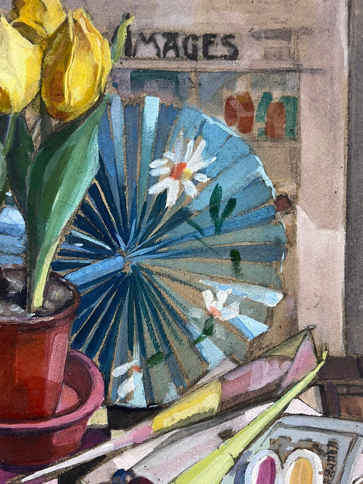 Yellow Tulips in Pot Oriental Fan Still Life 1950's French Impressionist Oil  3