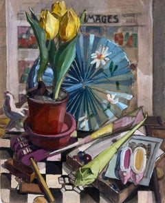 Nature morte aux tulipes jaunes dans un pot Éventail oriental Huile impressionniste française des années 1950 
