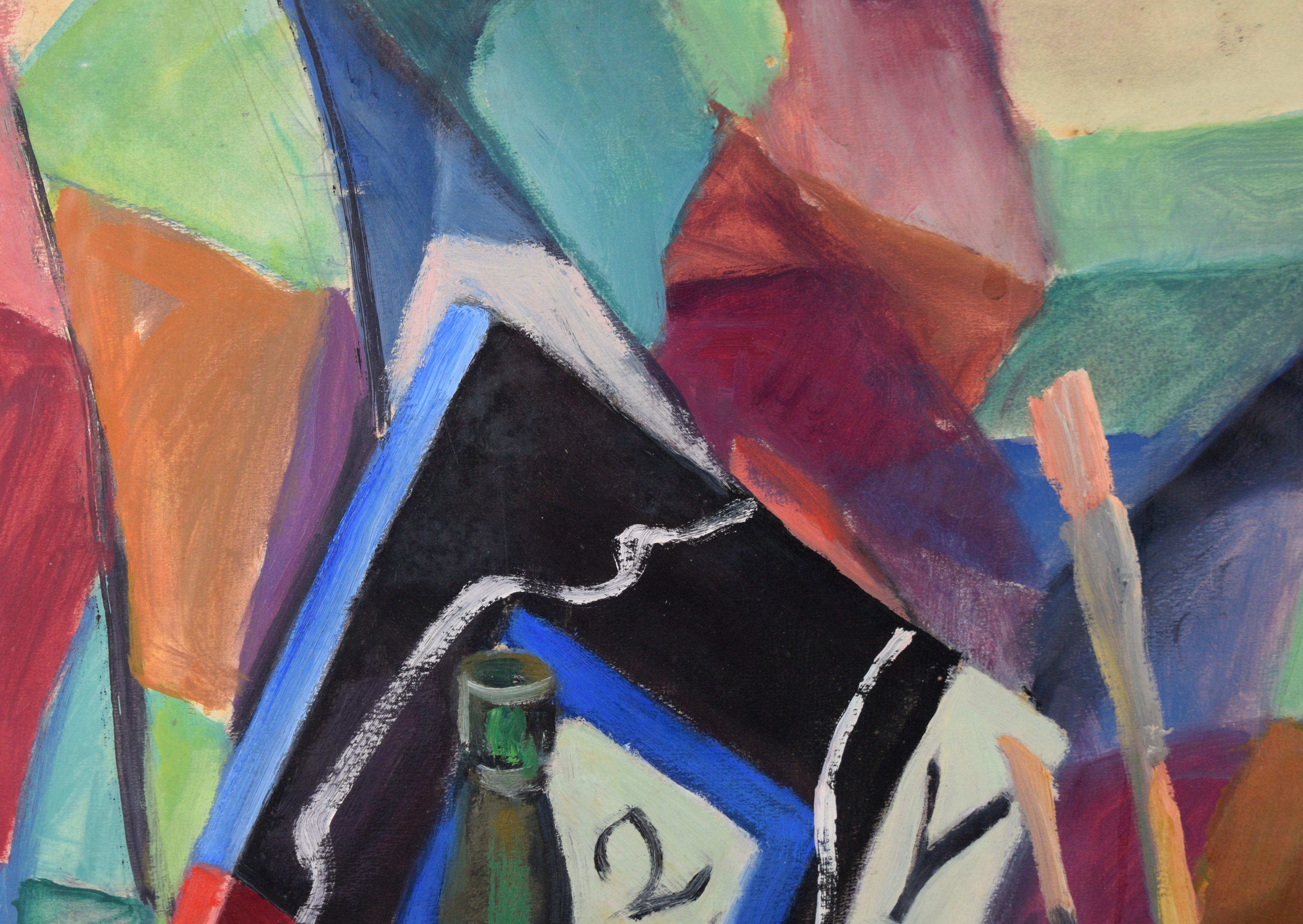 Still Life with Bottle, Paintbrushes, and Book in Oil on Paper - Post-Impressionist Painting by Louise Apthorp