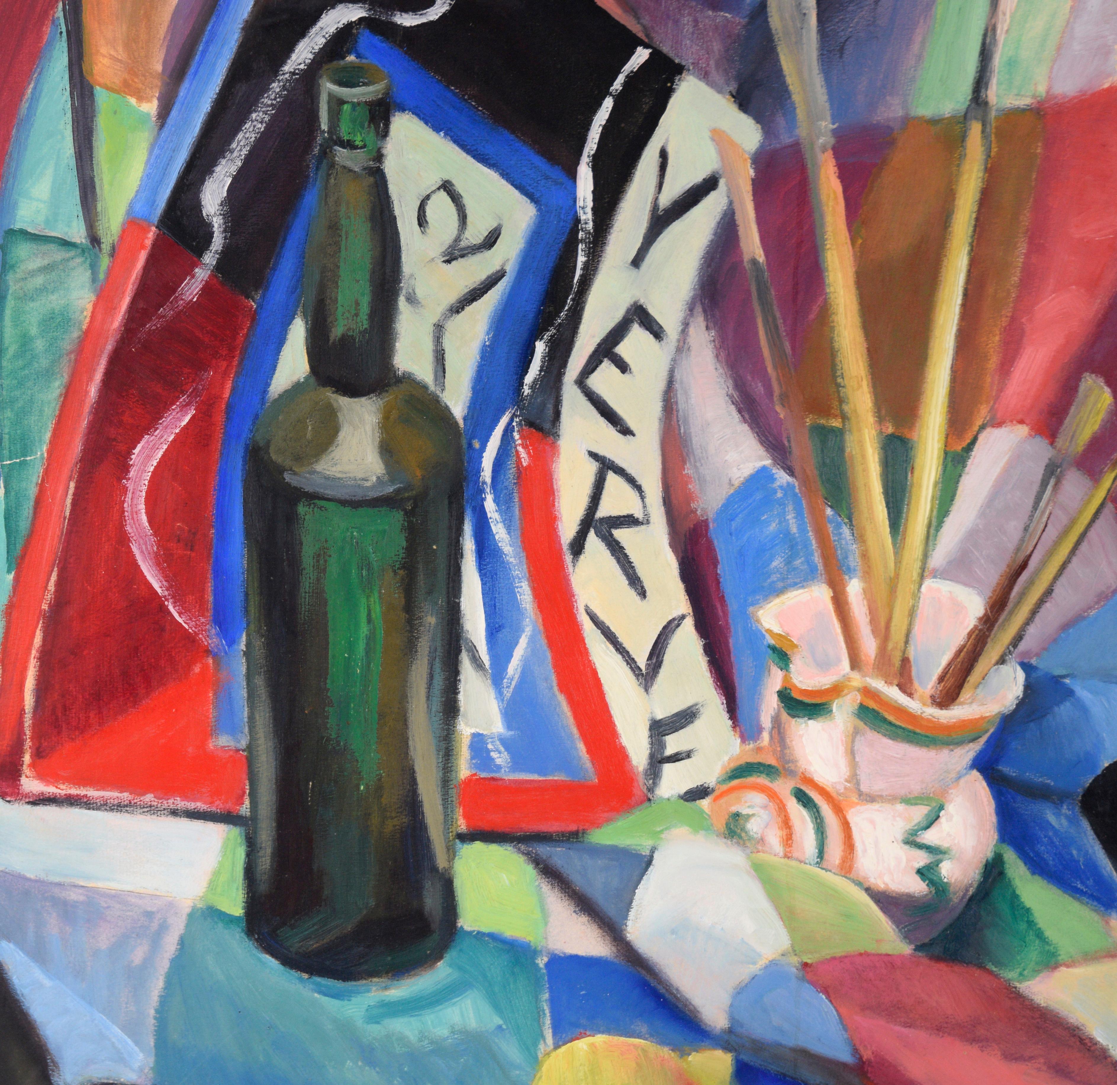 Still Life with Bottle, Paintbrushes, and Book in Oil on Paper For Sale 2