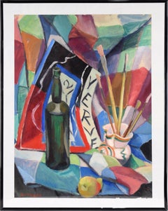 Vintage Still Life with Bottle, Paintbrushes, and Book in Oil on Paper
