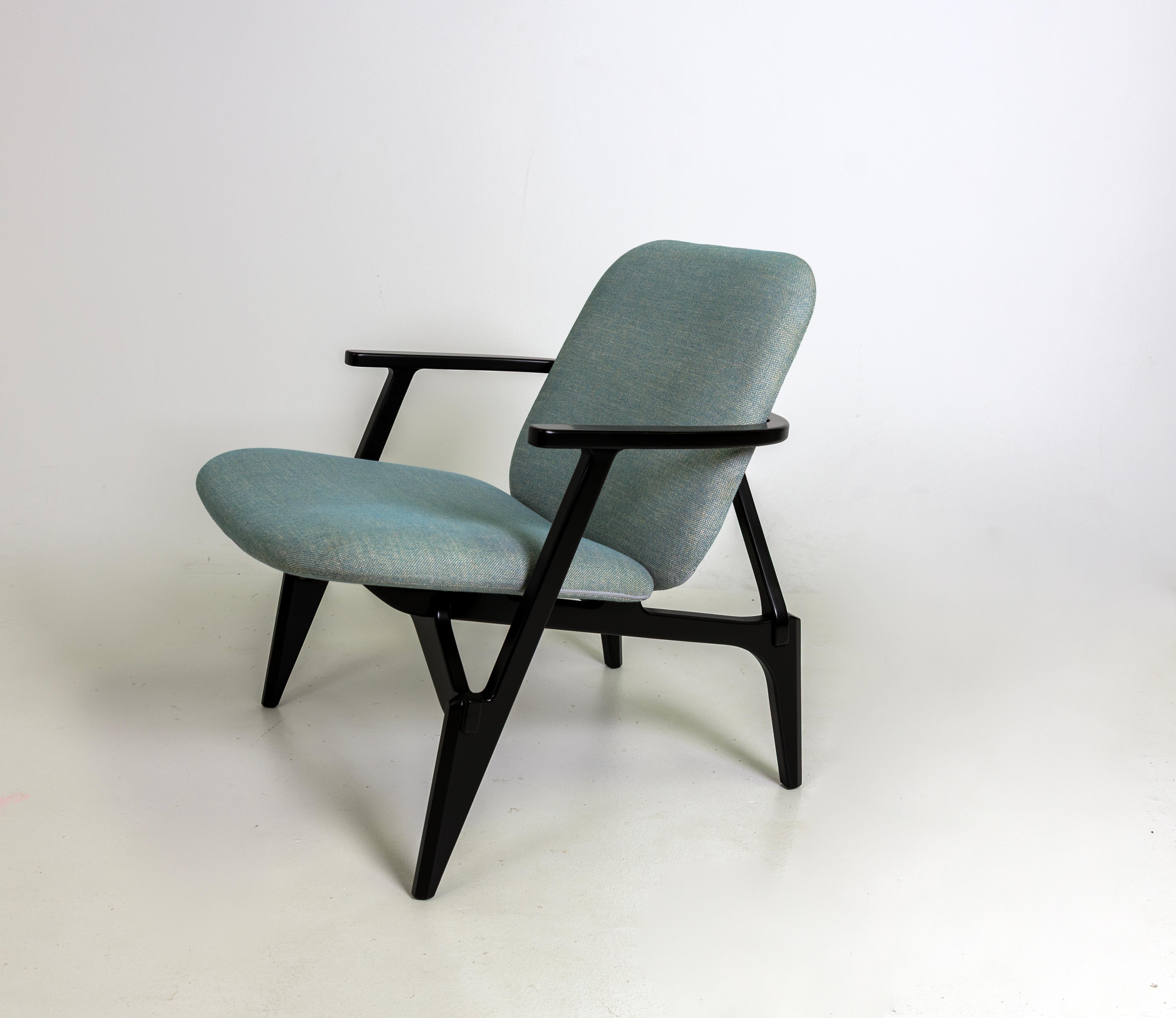 One Louise Armchair by Philippe Nigro for Zanotta, Black Finish, Beech Wood Frames, Fabric.
The price is for one chair, in total four chairs available. 