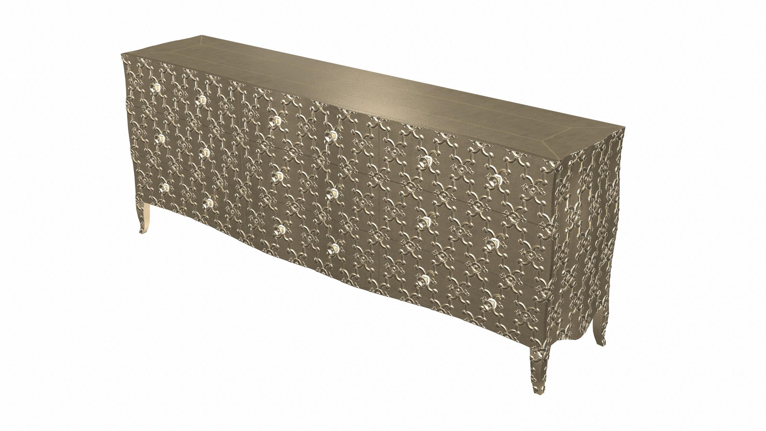 Hand-Carved Louise Art Deco Buffet Sideboard Fleur De Lis Mid. Hammered Brass by Paul M For Sale