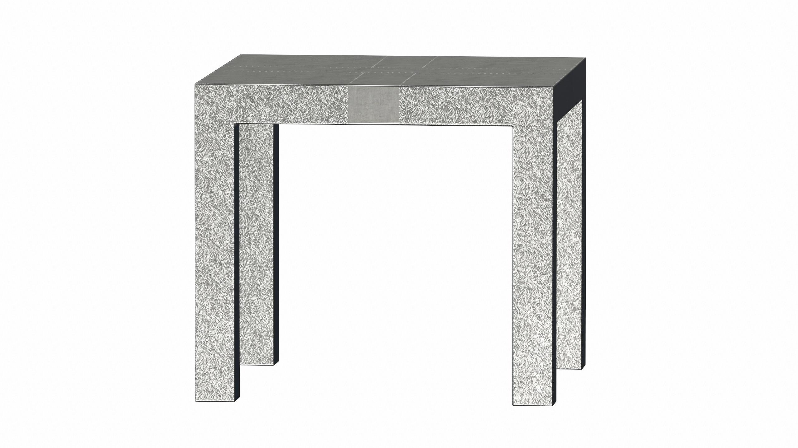 Hand-Carved Louise Art Deco Coffee & Cocktail Square Drink Table Mid. Hammered White Bronze For Sale
