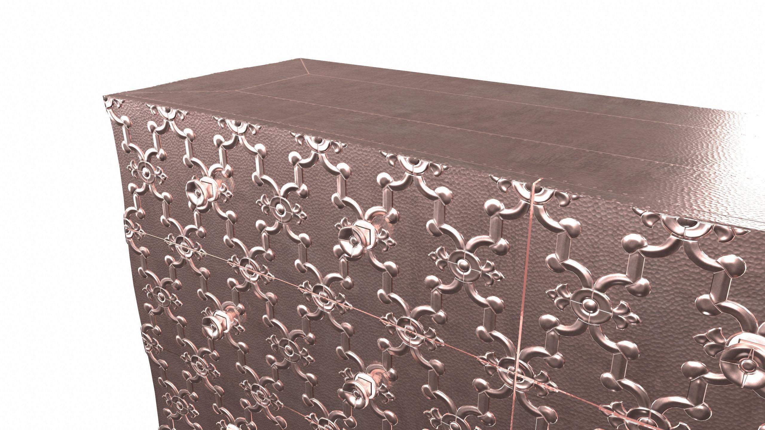 Hand-Carved Louise Art Deco Credenza Fleur De Lis Mid. Hammered Copper by Paul Mathieu For Sale