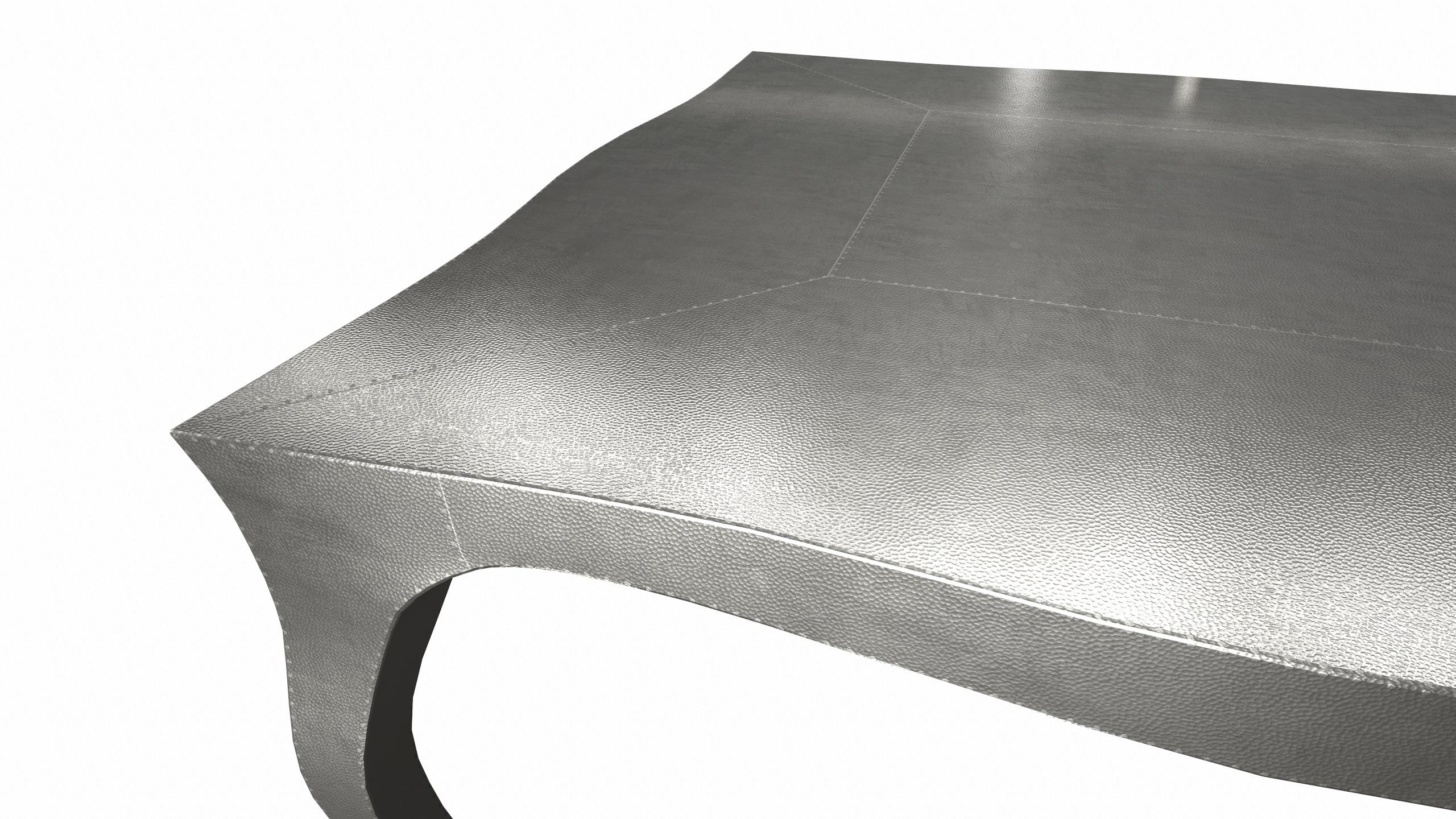 Hand-Carved Louise Art Deco Industrial Tables Mid. Hammered White Bronze 18.5x18.5x10 inch For Sale