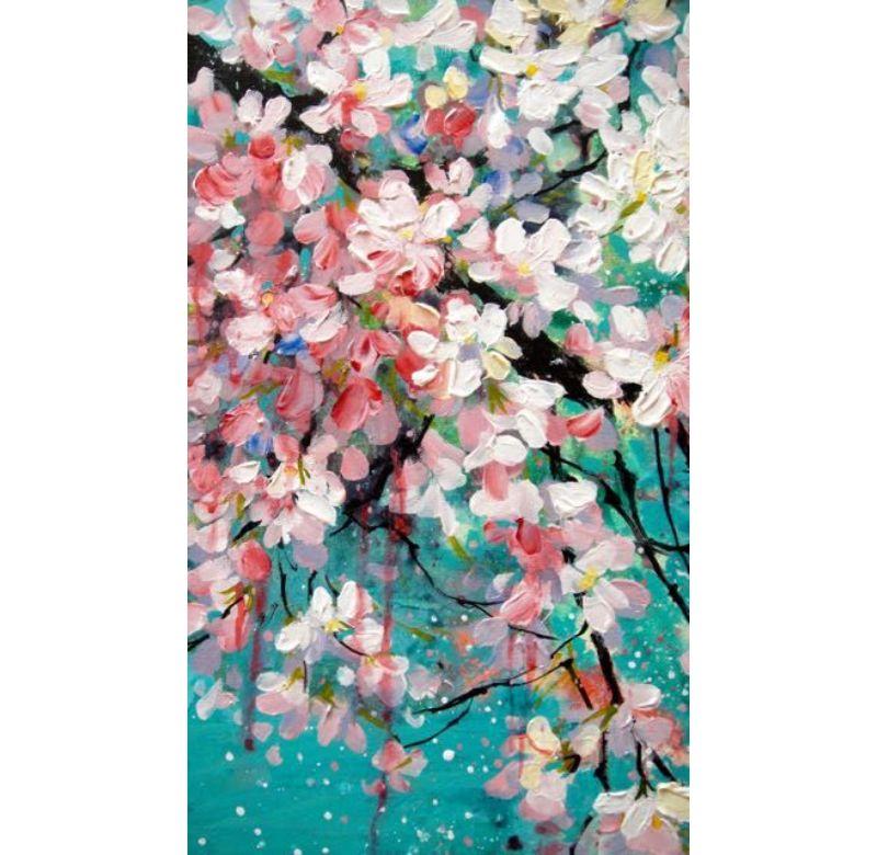Fragrant spring cherry blossoms hanging low over turquoise water. Nice thick paint with great textures with drips and runs. Sparkles on the water.   This is an original signed piece of art. Remember, there is always so much more detail and rich