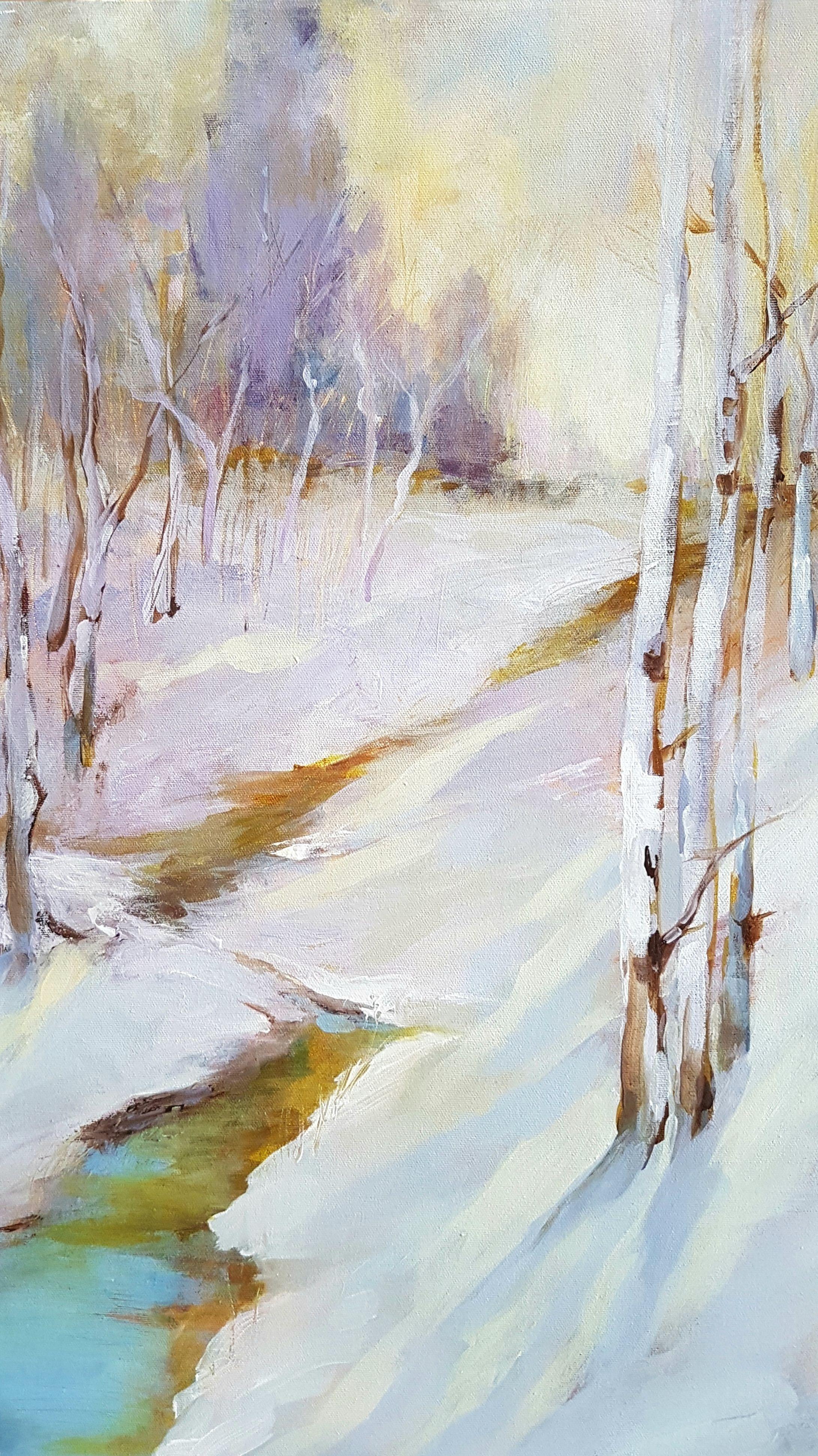 Nothing like a snow covered landscape to encounter those magical moments where the sun streams through the trees. This is a snow scene with a very gentle palette of purples, butter yellow and soft blues. The birch trees are backlit by the morning