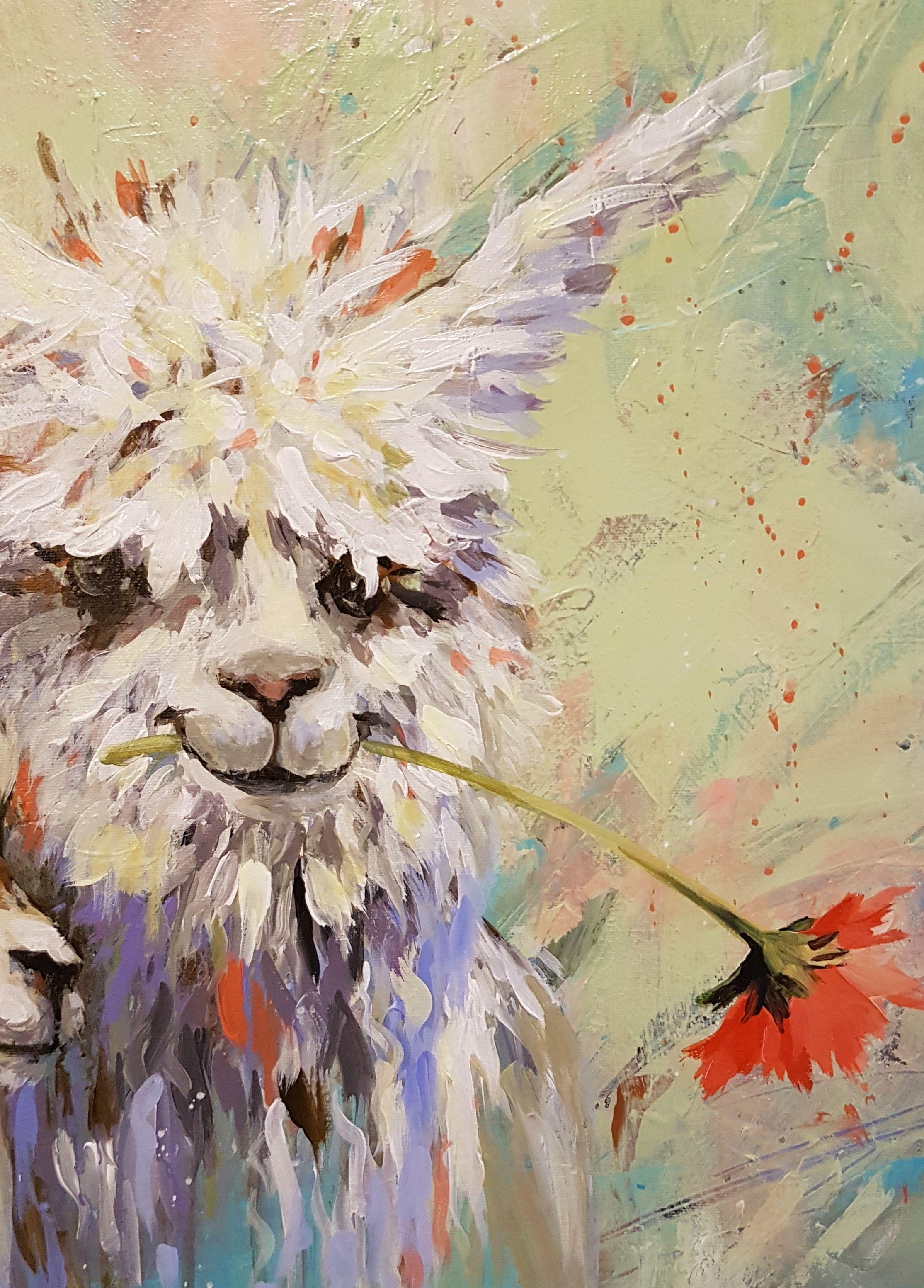 Fun contemporary depiction of 2 llamas. Lots of drips and textures. Soft greens and pinks in the background but overall quite a neutral palette.   This is an original signed piece of art. Remember, there is always so much more detail and rich color