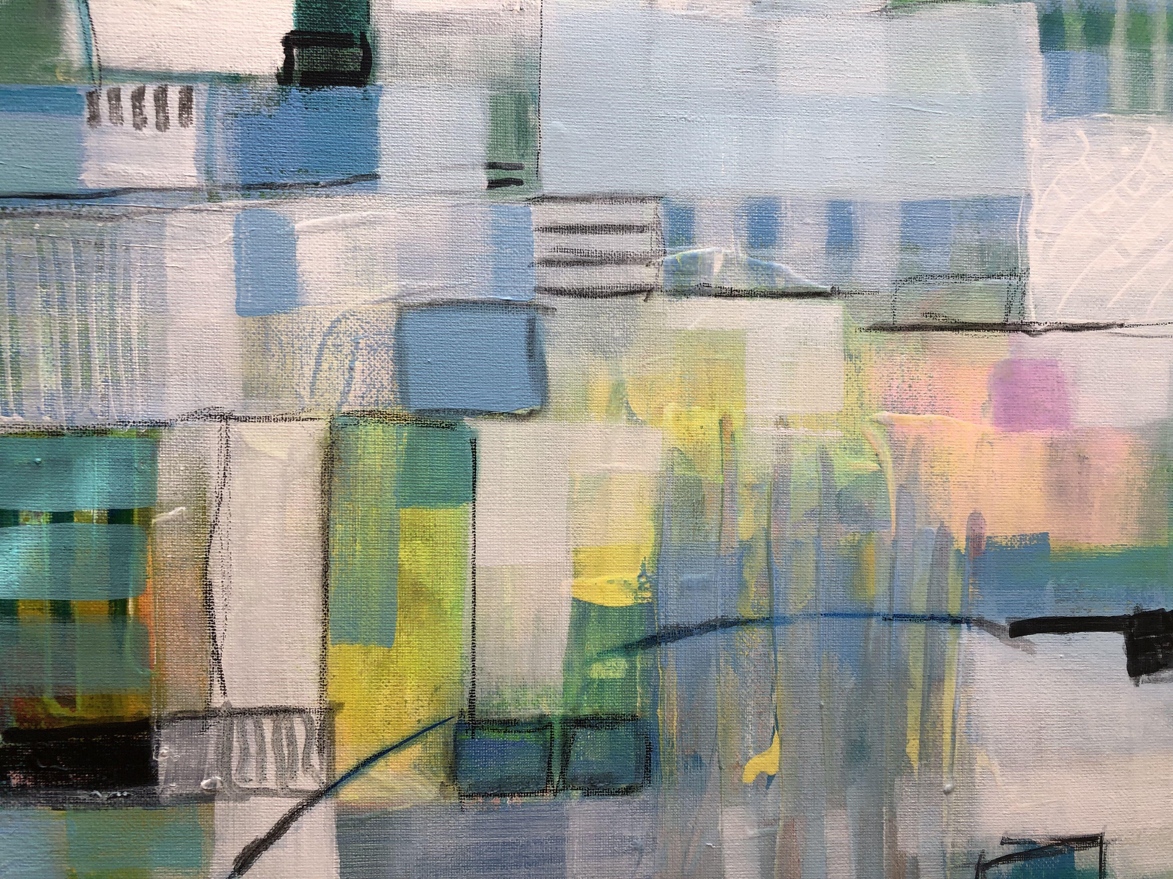 This abstract was about the ebb and flow of the tides. Lots of white surf washes over blues and greens with a flash or 2 of brilliant yellow/green and orange. Black line work in layers adds depth and interest. The use of transparent and opaque paint