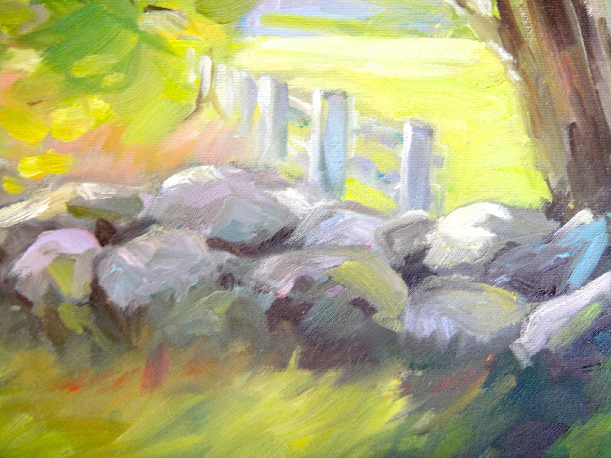 Dieses Acrylgemälde hat eine sehr beruhigende, friedliche Ausstrahlung. Das Bild zeigt ein landwirtschaftliches Feld, während wir über die Felswände blicken. Sich bewegende Gräser und Blätter tragen zu der sanften Stimmung bei. Schöne Blau- und