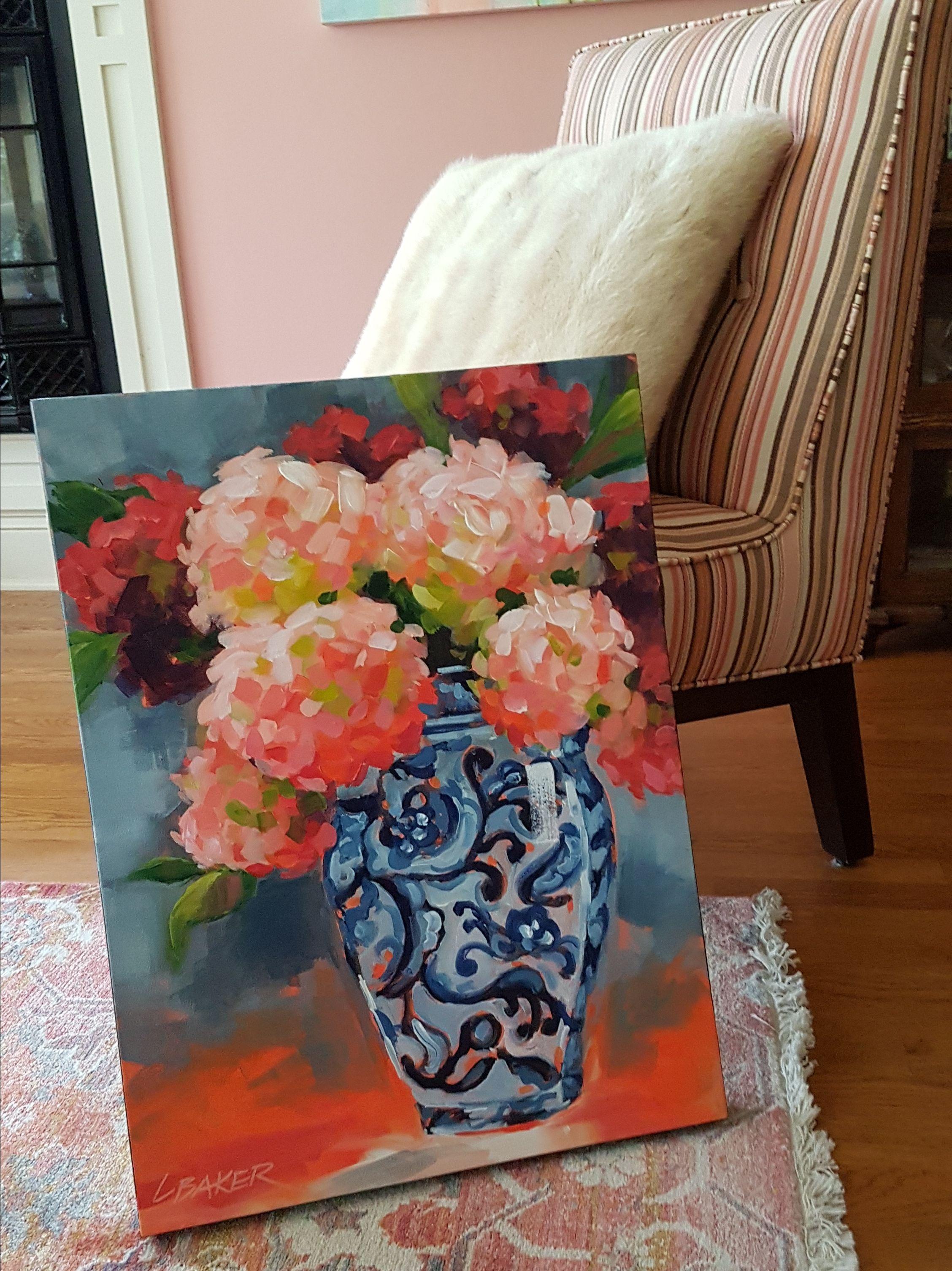  Inspired by all the beauty of fall gardens. Loosely painted in a impressionistic style to reflect the freshness of the flowers and the blue and white ginger vase.     This is an original signed piece of art. Remember, there is always so much more