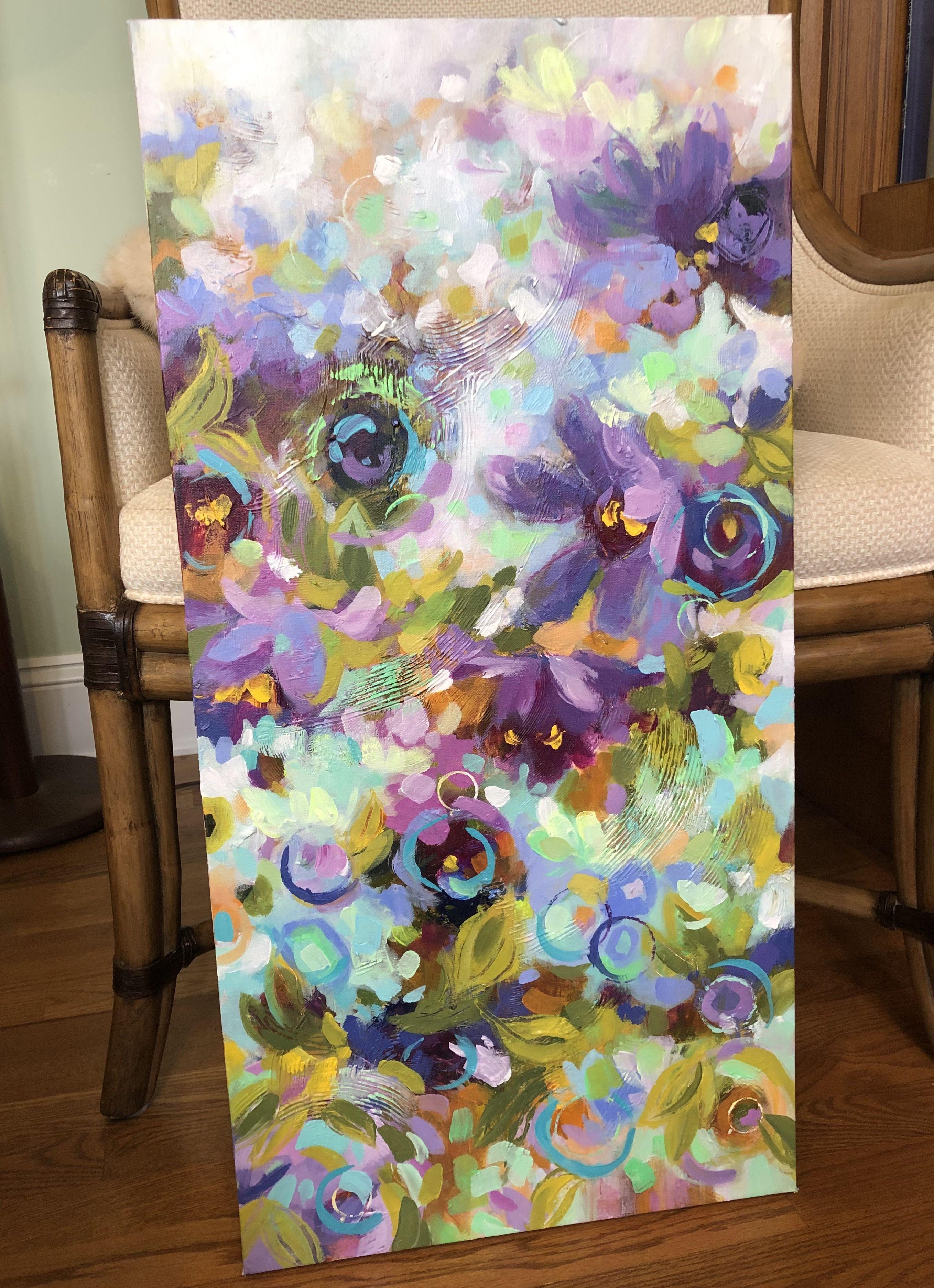 Expressive abstract with a floral vibe. It has a very fresh, bold but sophisticated color palette. Warm and cool purples balance with caramel and aqua tints. Very textured surface adds to the depth and interest.    This is an original signed piece