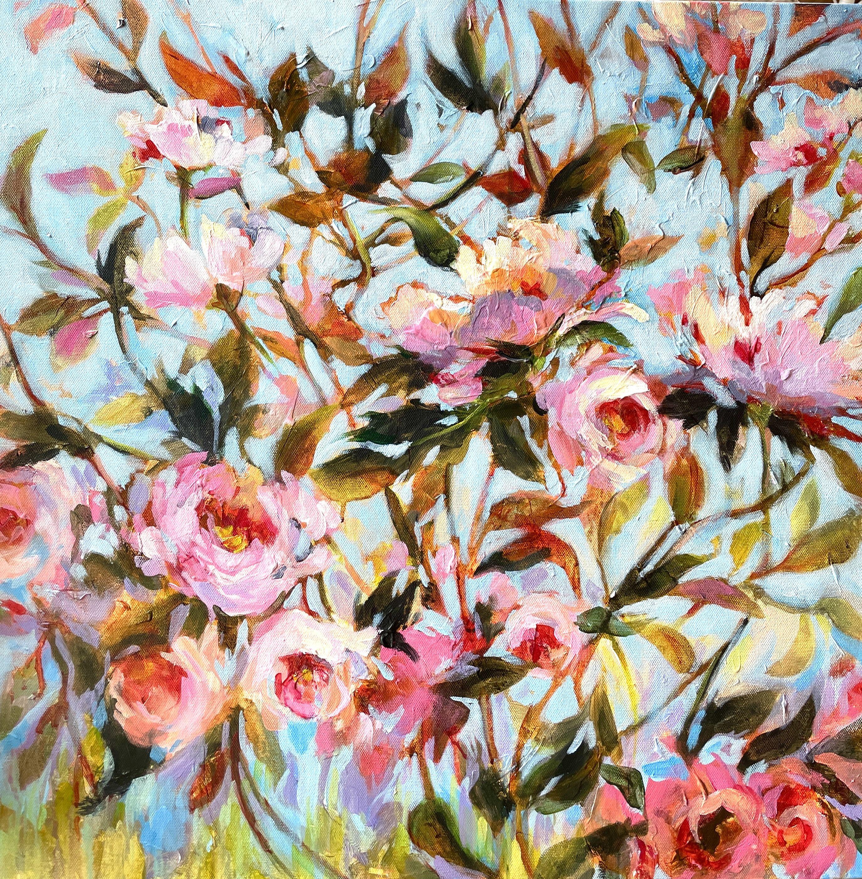 Expressive semi abstract floral. It has a very fresh, bold but sophisticated color palette. A tapestry of color and rhythm. Warm and cool pinks balance with the icy blue background. Very textured surface adds to the depth and interest. This is an