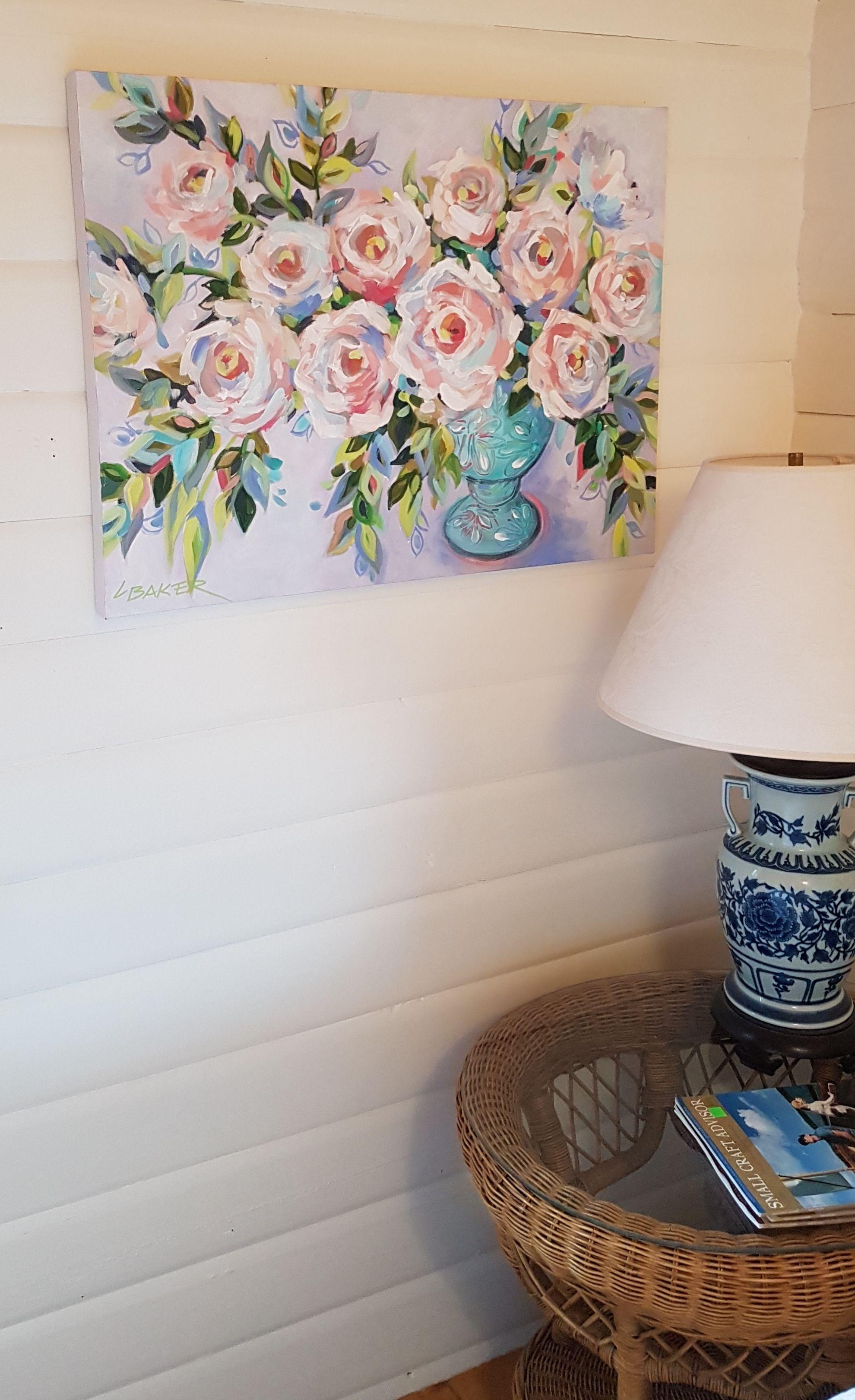 Fresh bold depiction of roses in an urn.  This contemporary painting has a high key palette of soft pinks and soft grey blues. A splash of more intense color with the aqua urn. Very shabby chic.   Remember, there is always so much more detail and