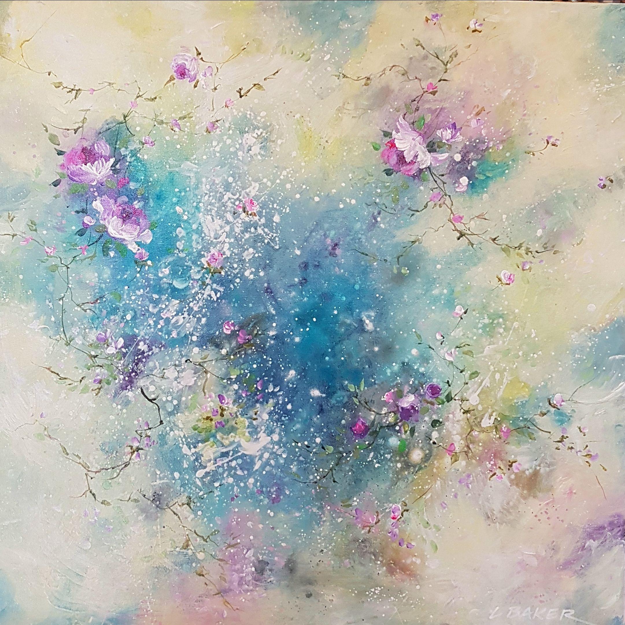 Gentle ephemeral artwork depicting roses. This piece is created with many layers of paint to create the soft dissolving effect. The background is soft butter yellow with accents in vivid blue and the tumbling roses are purple and magenta. Very