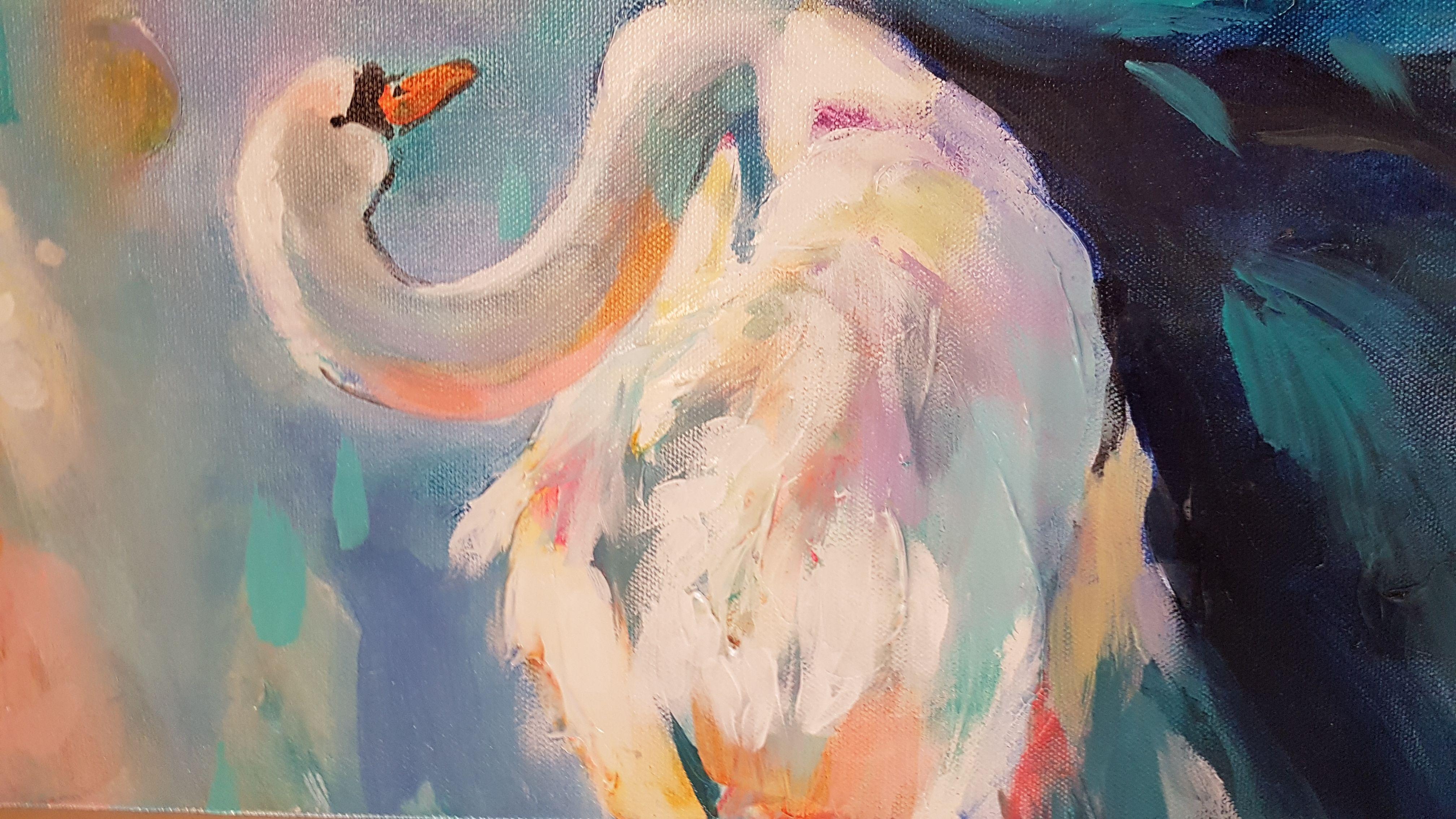 If you are looking for a tranquil, gentle but dynamic painting consider this recent painting of 2 swans. Created with areas of thick paint and a dazzling array of color both brilliant and subdued.  I use only the best quality materials.  This is an