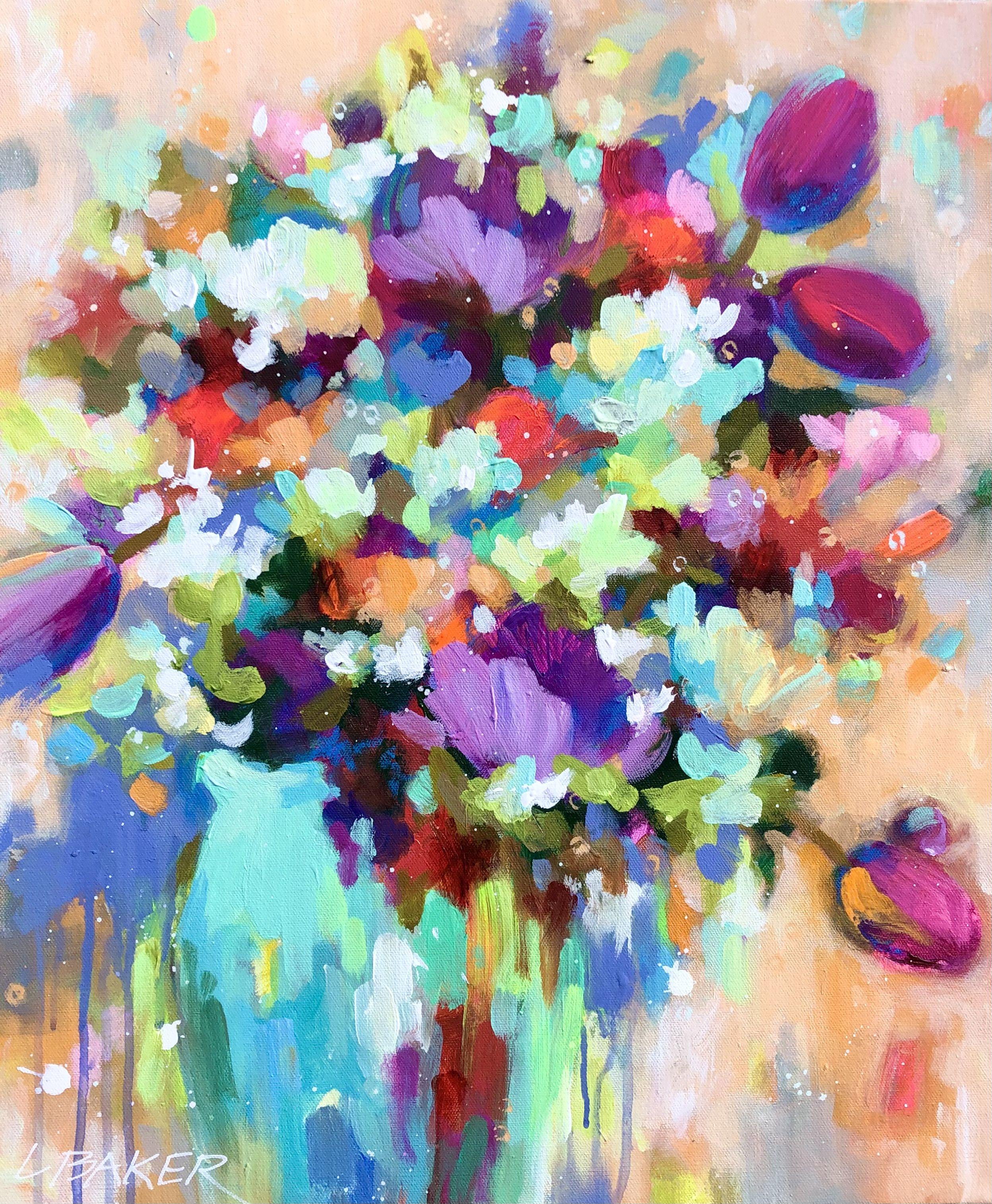 Colourful expressive abstracted floral. It is bold but gentle, fits perfectly in a contemporary home. Lovely tangerine base combined with aquas and purples.    This is an original signed piece of art. There is always so much more detail and subtle