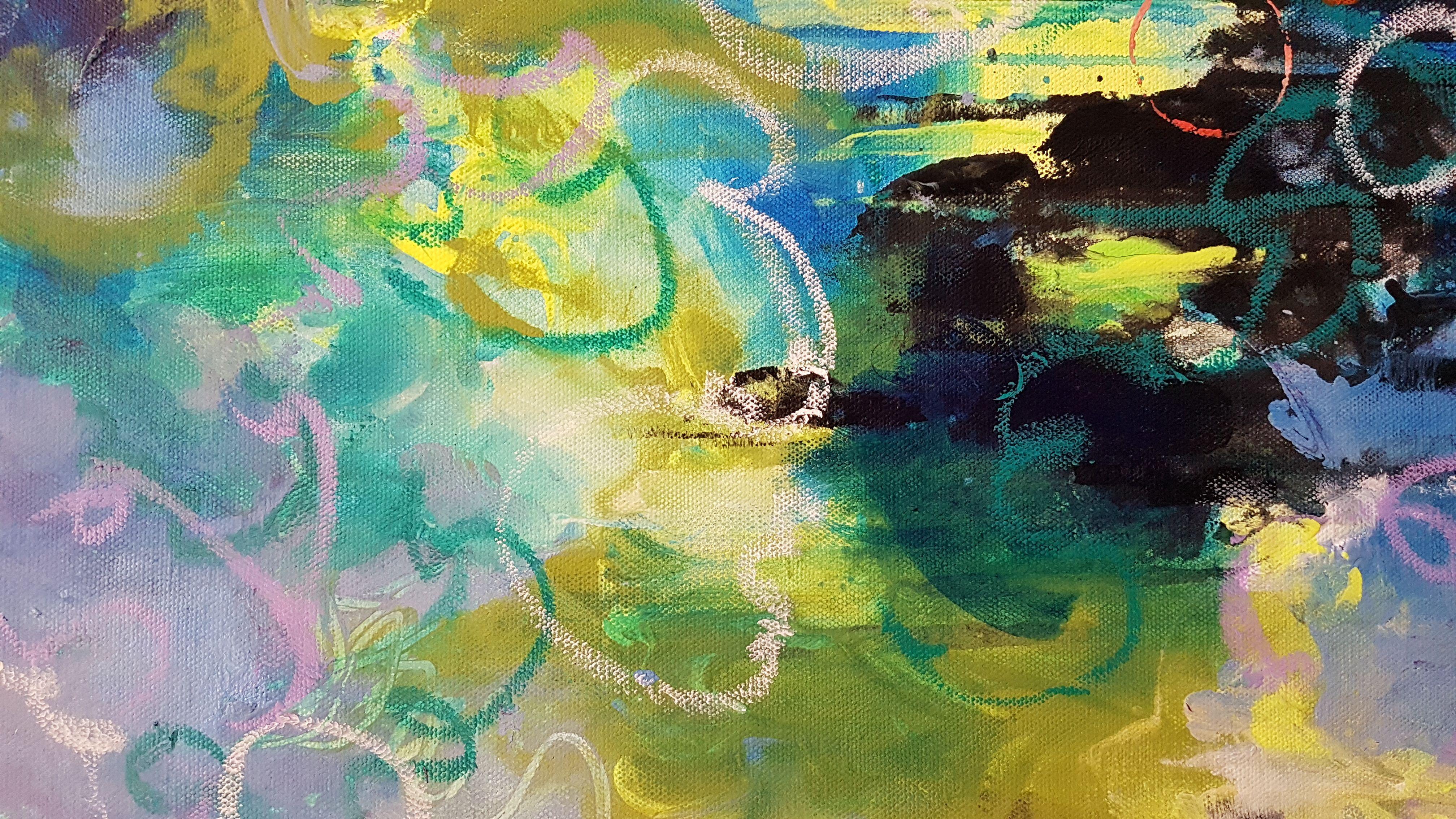 The colors and textures of this piece were inspired by hours of snorkelling in the Caribbean sea. Many layers of glazes and mark making create great depth and color subtlety. The electric yellow glows, which the camera cannot capture,  through the