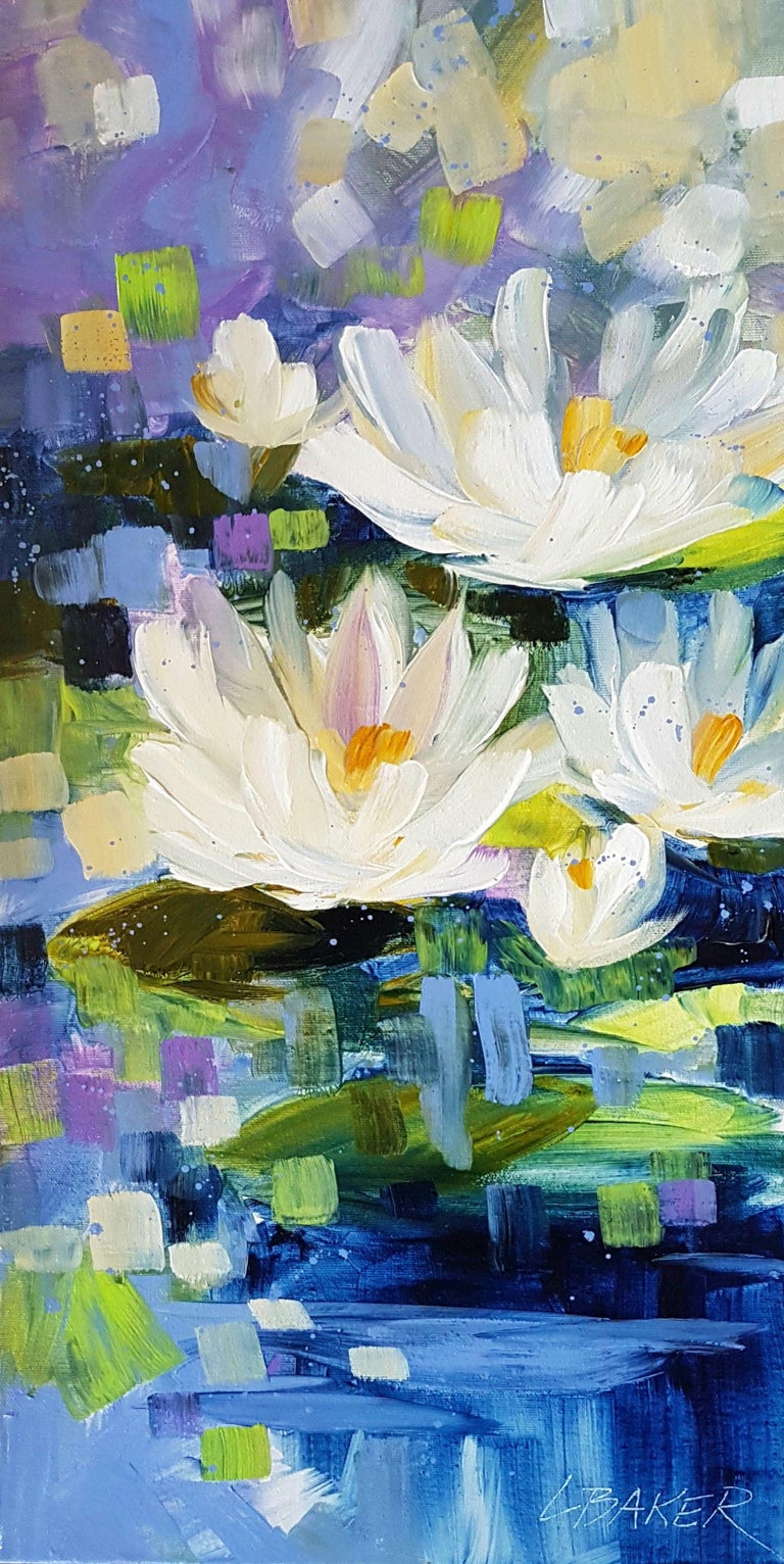 Lucious waterlilies in bloom. A contemporary depiction of waterlilies with lots of texture and drips. Rich blues merge with purples to highlight the white lilies.  This is an original signed piece of art. Remember, there is always so much more
