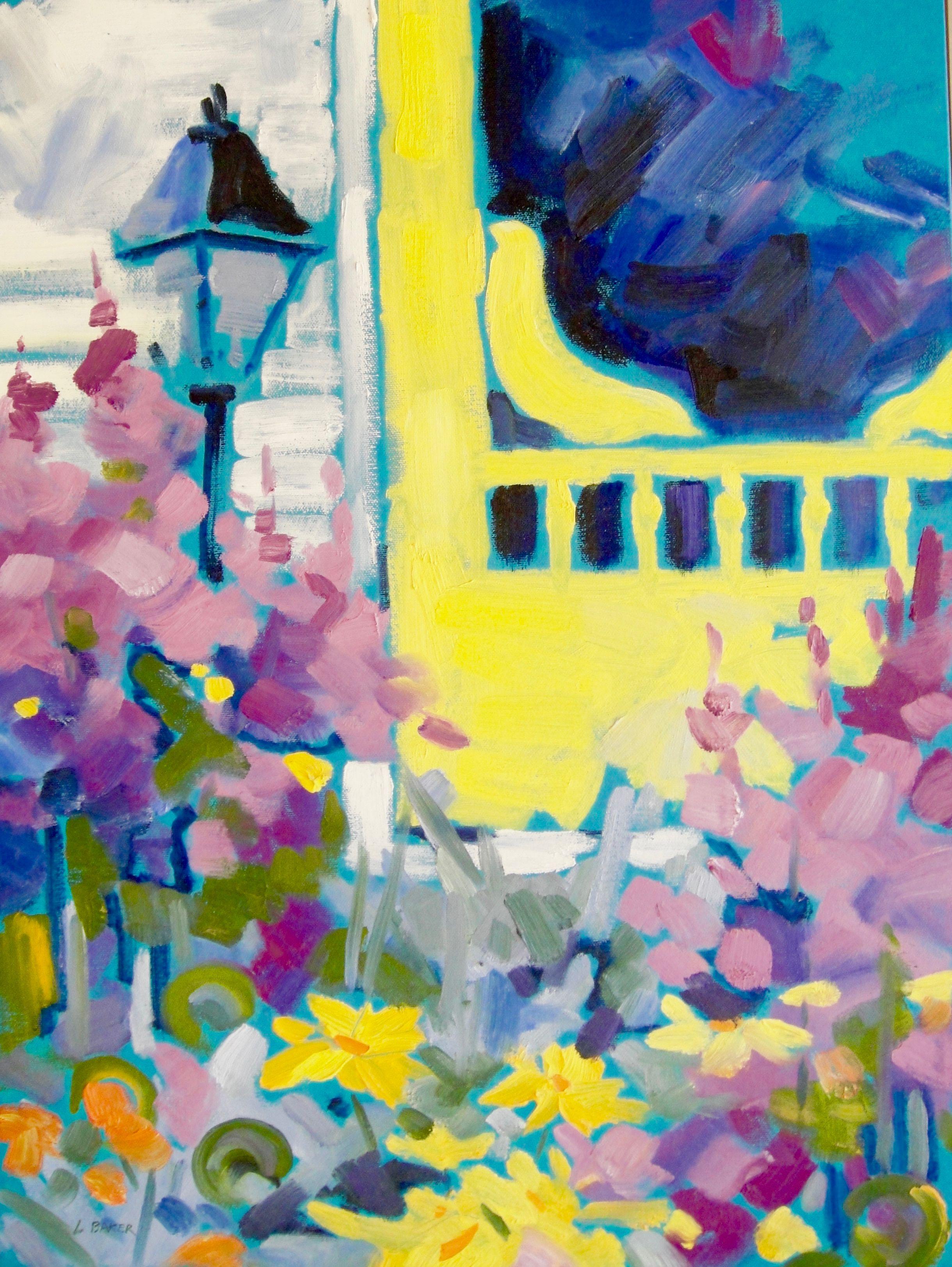 A welcoming warm contemporary oil painting. Lovely vibrant yellow screen door behind a profusion of flowers. This is done in a impressionistic manner with thick paint and bold strokes. ??This is an original signed piece of art. Remember, there is