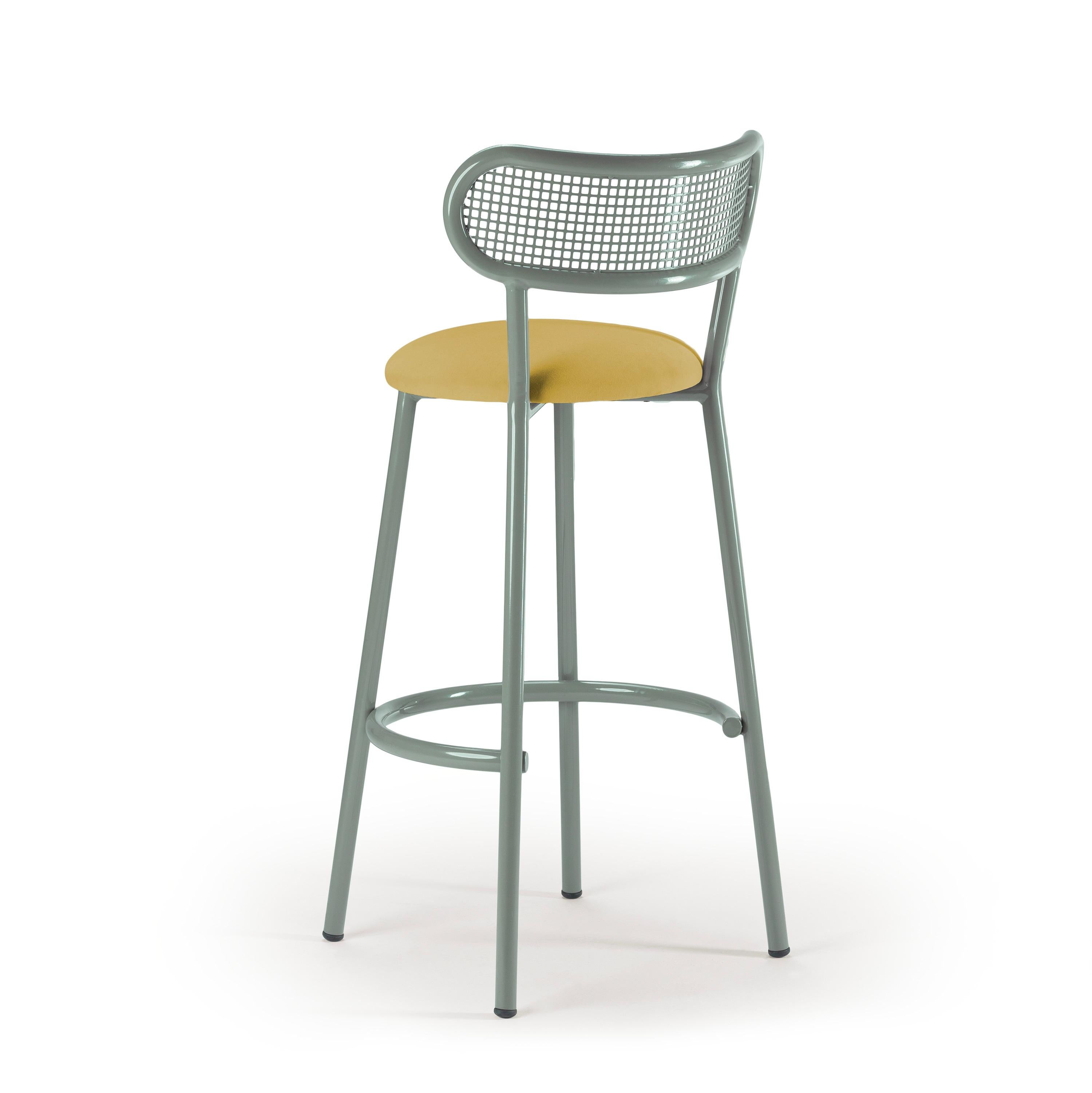 Mid-Century Modern Louise Bar Chair with Sage Steel Structure, Perforated Steel Back and Upholstery For Sale