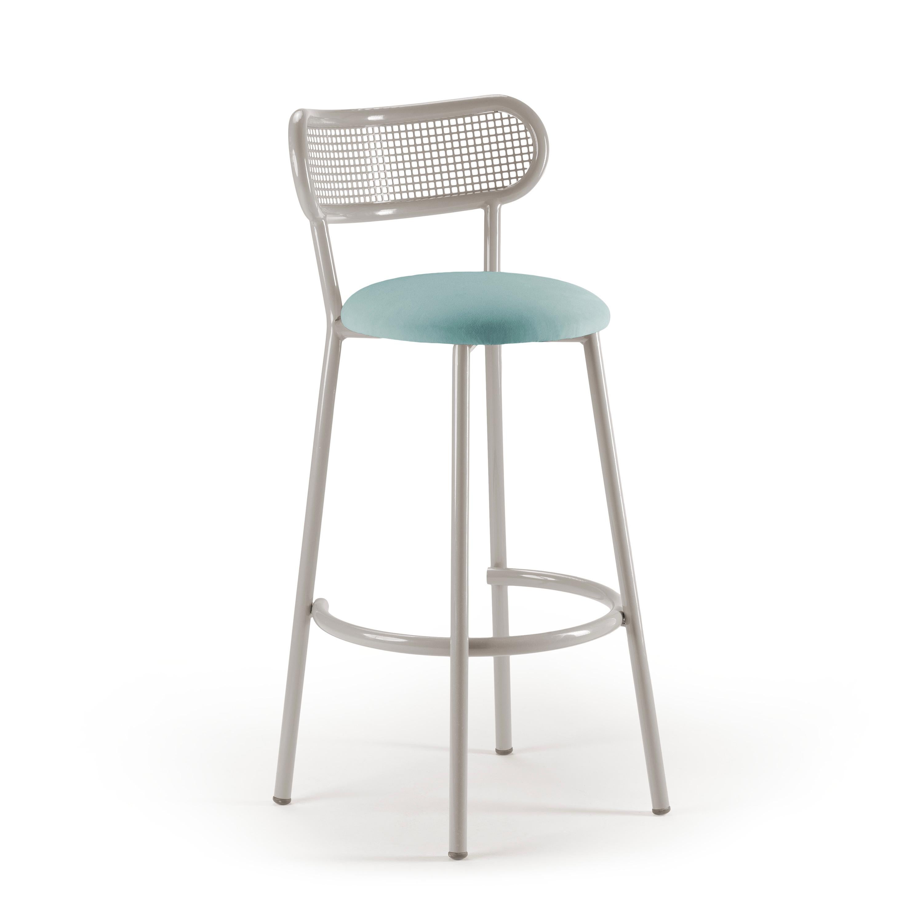 Portuguese Louise Bar Chair with Sage Steel Structure, Perforated Steel Back and Upholstery For Sale