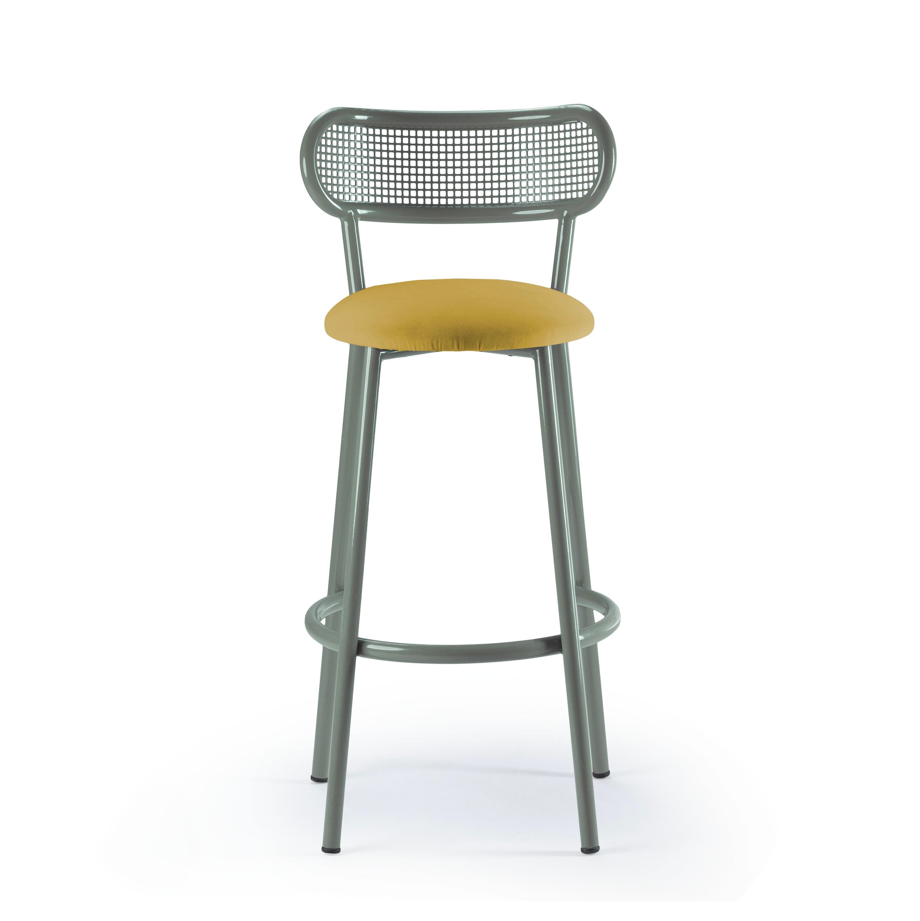 Mid-Century Modern Louise Bar Chair with Sage Steel Structure, Perforated Steel Back and Upholstery For Sale