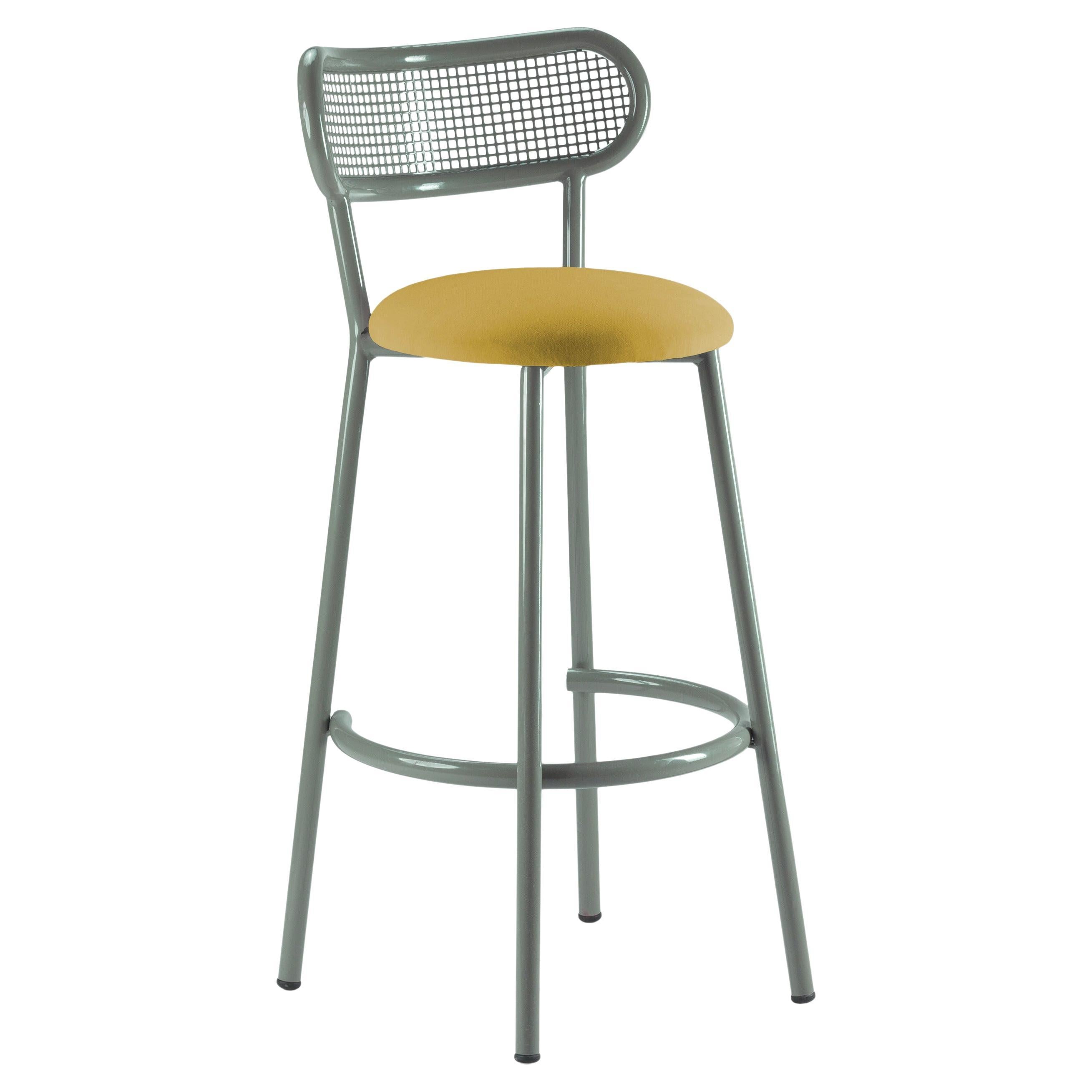 Louise Bar Chair with Sage Steel Structure, Perforated Steel Back and Upholstery For Sale