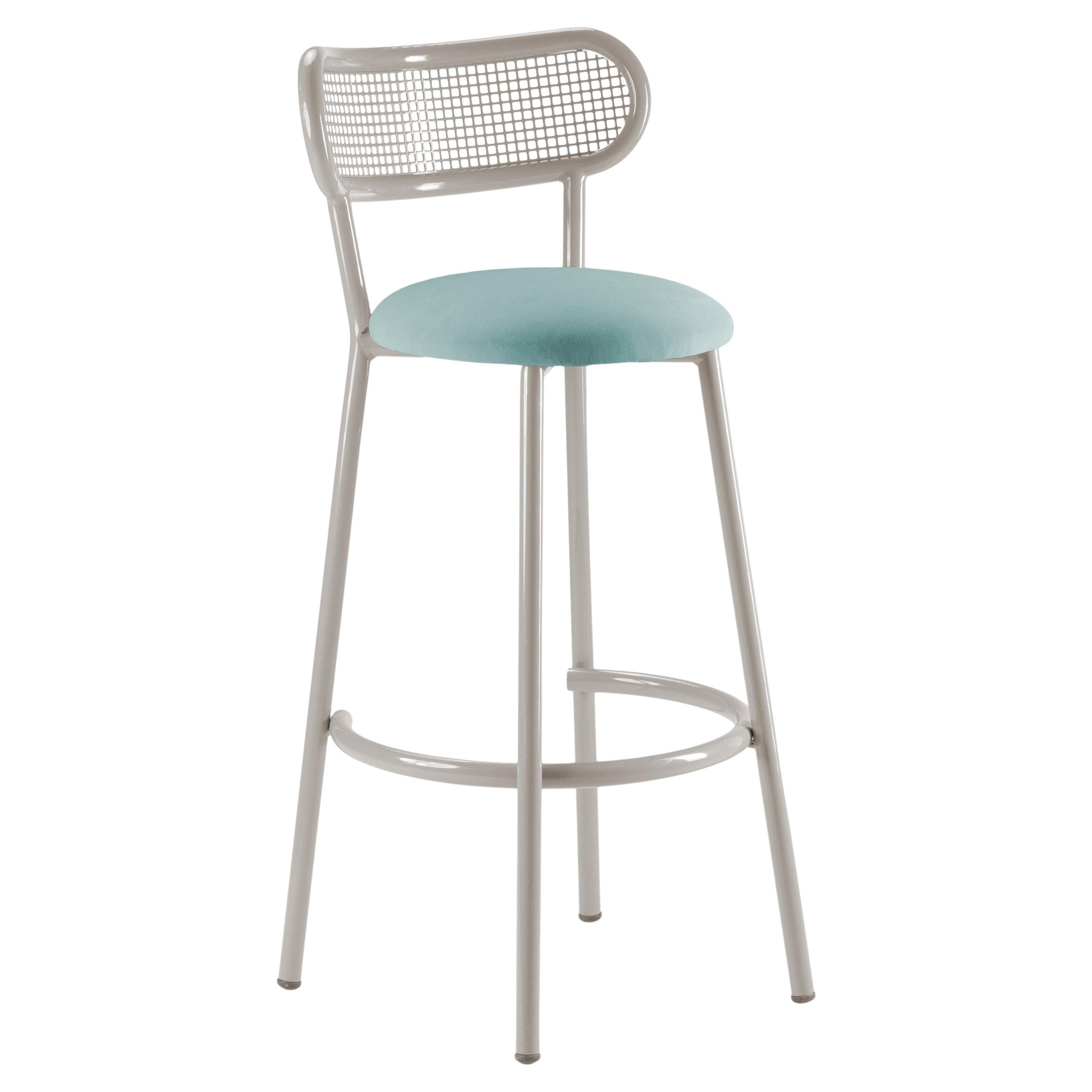 Louise Bar Chair with Taupe Structure, Perforated Steel Back and Upholstery For Sale