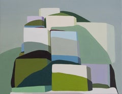 Mound #26, colorful geometric oil painting with overlapping square shapes