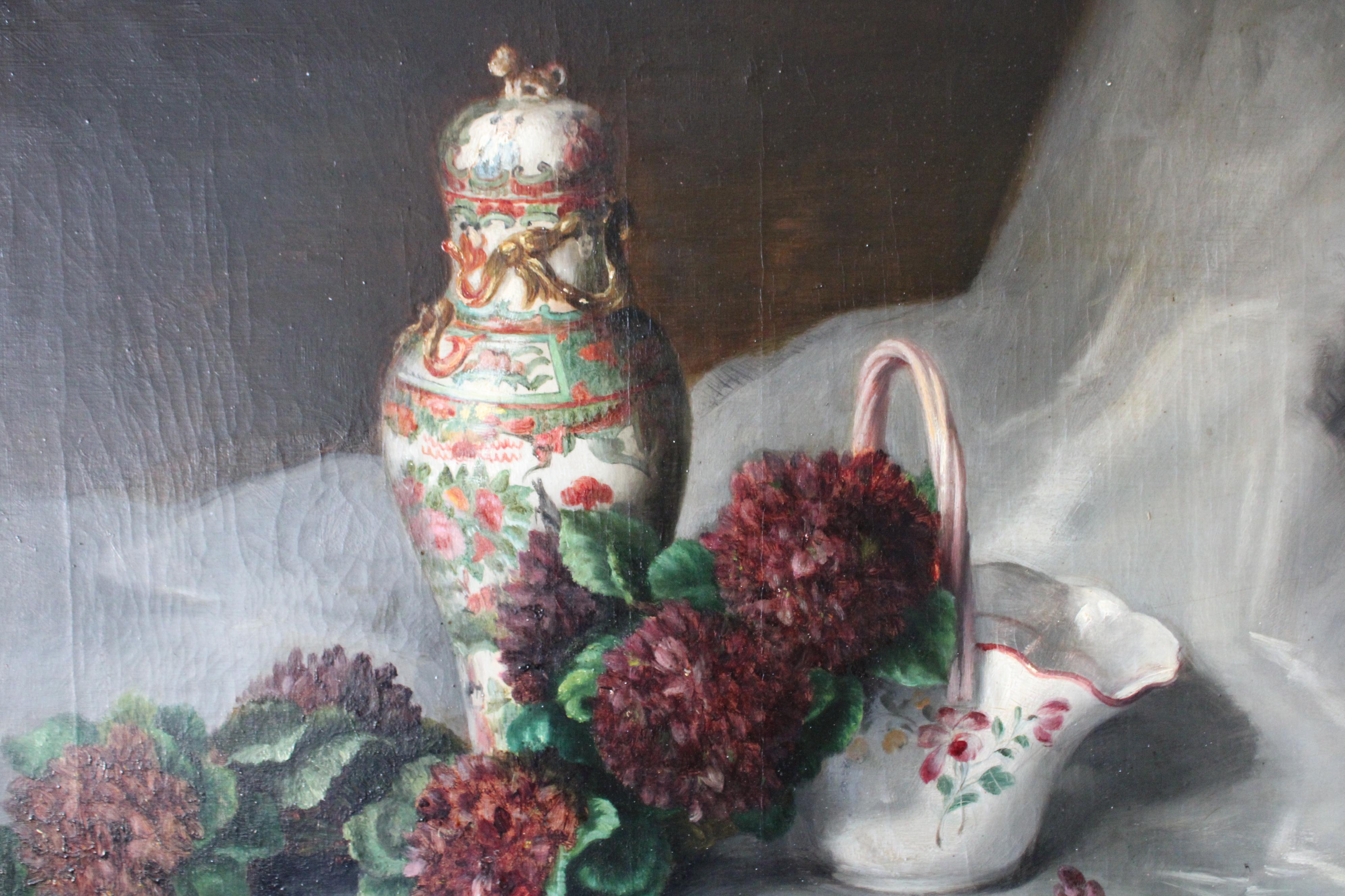 Antikes Stillleben Ölgemälde in Originalrahmen 19. Jahrhundert Blumenstrauß – Painting von Louise Bergerot-Roblastre