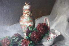 Antique still life oil painting 19th century floral bouquet with porcelain vase