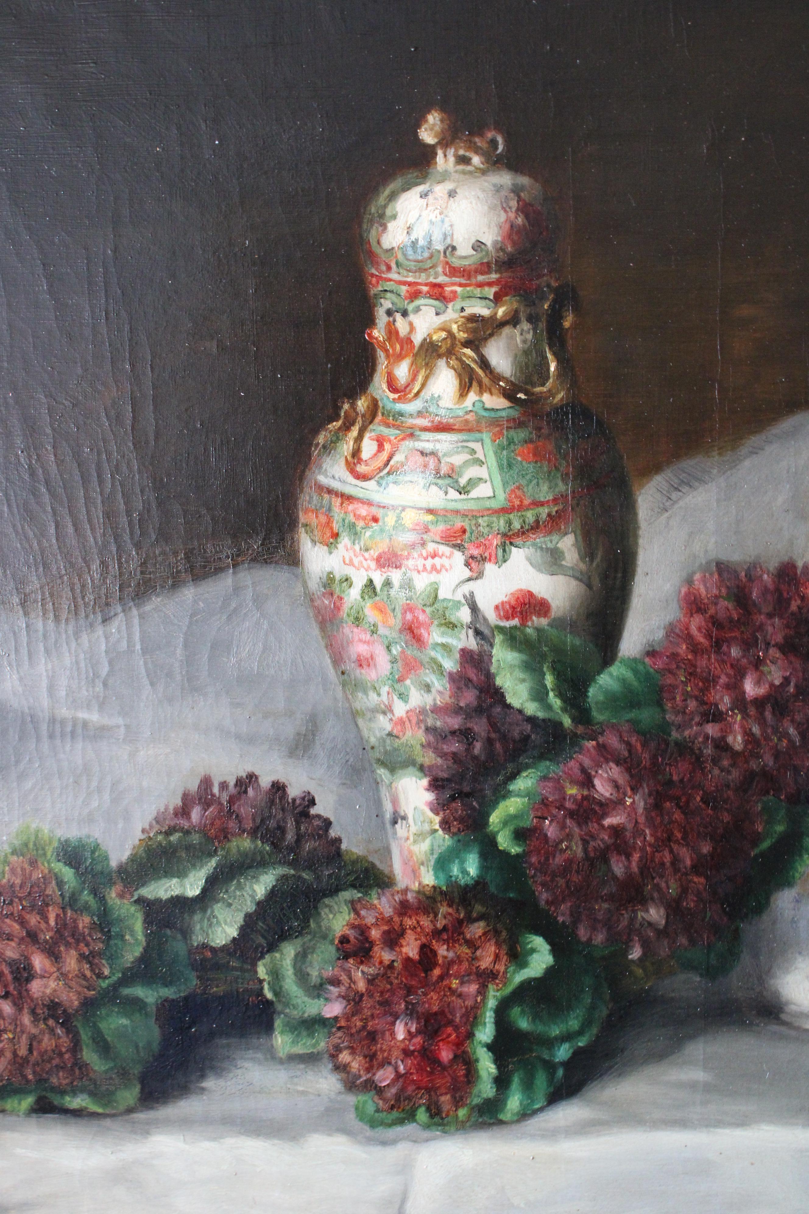 Antikes Stillleben Ölgemälde in Originalrahmen 19. Jahrhundert Blumenstrauß (Braun), Still-Life Painting, von Louise Bergerot-Roblastre