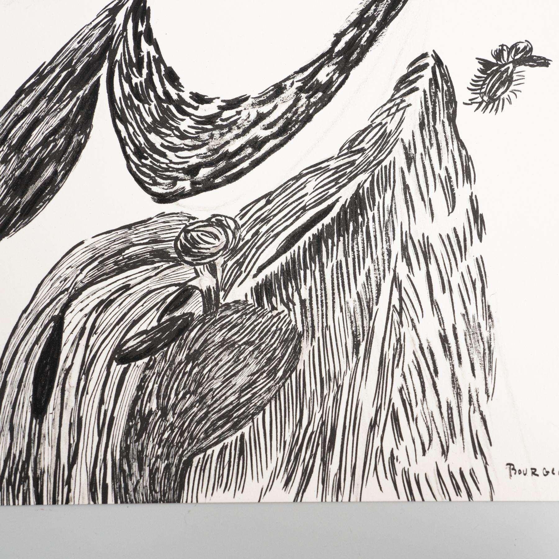 Tauchen Sie ein in die suggestive Welt von Louise Bourgeois mit einer fesselnden Lithografie aus der Zeit um 1980. Dieses in zeitlosem Schwarz-Weiß ausgeführte Werk trägt die persönliche Handschrift des Künstlers, die direkt auf dem Stein signiert