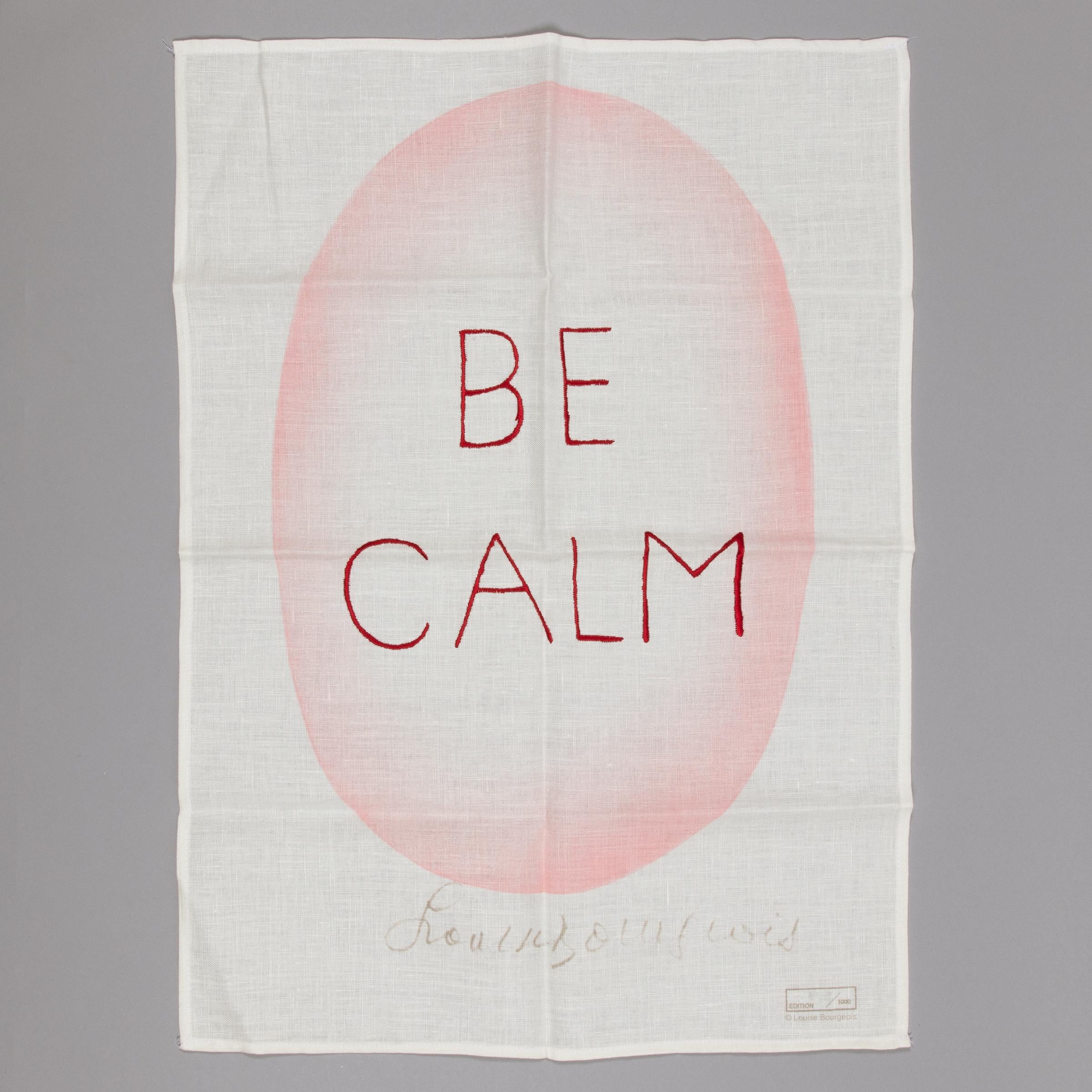 Be Calm, sérigraphie et broderie sur serviette à thé Louise Bourgeois 1